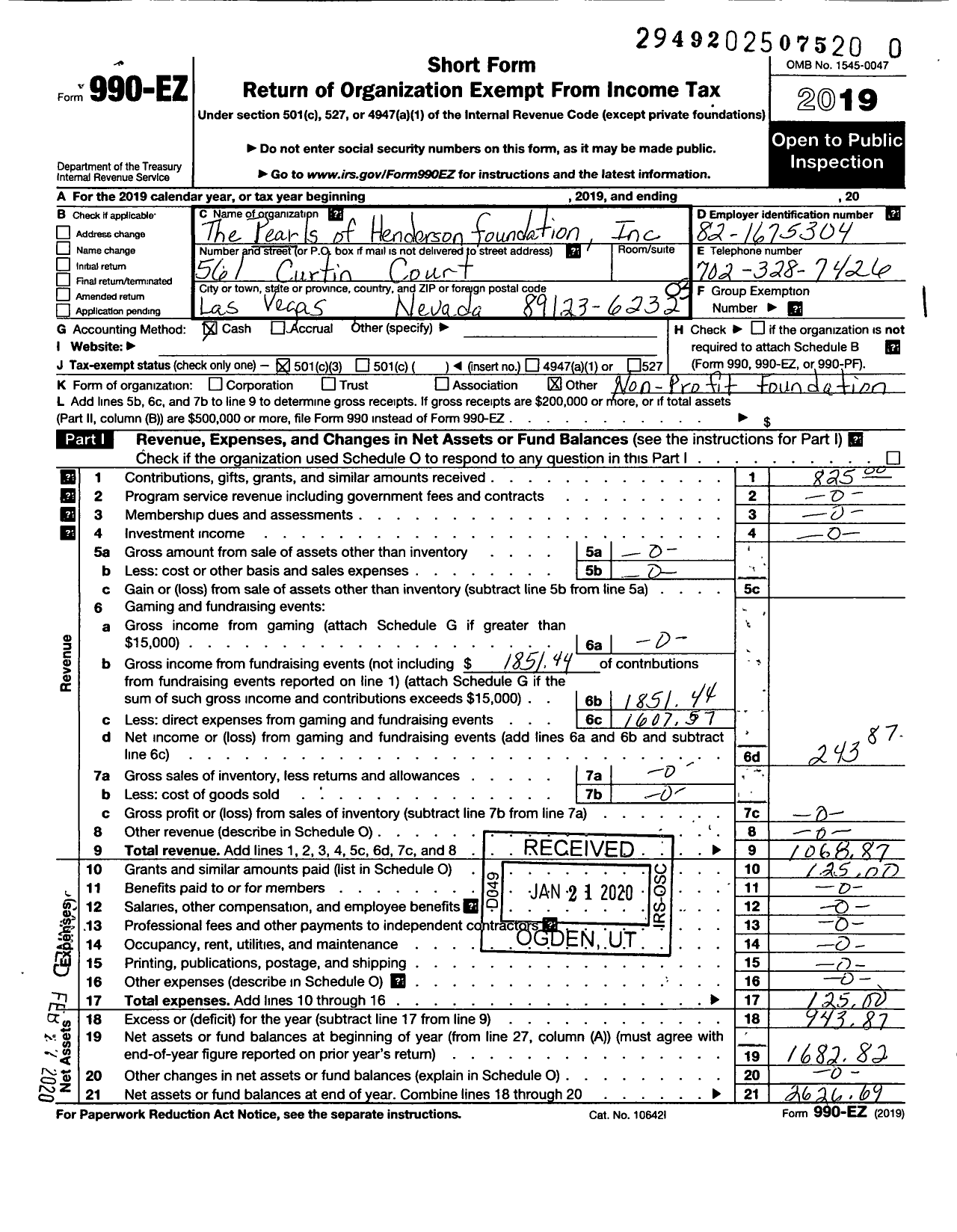 Image of first page of 2019 Form 990EZ for Pearls of Henderson Foundation Incorporation