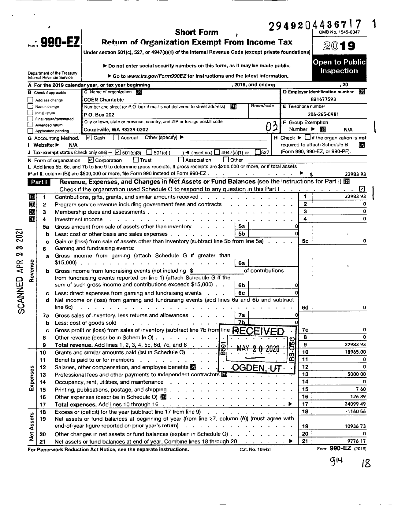 Image of first page of 2019 Form 990EZ for Coer Charitable