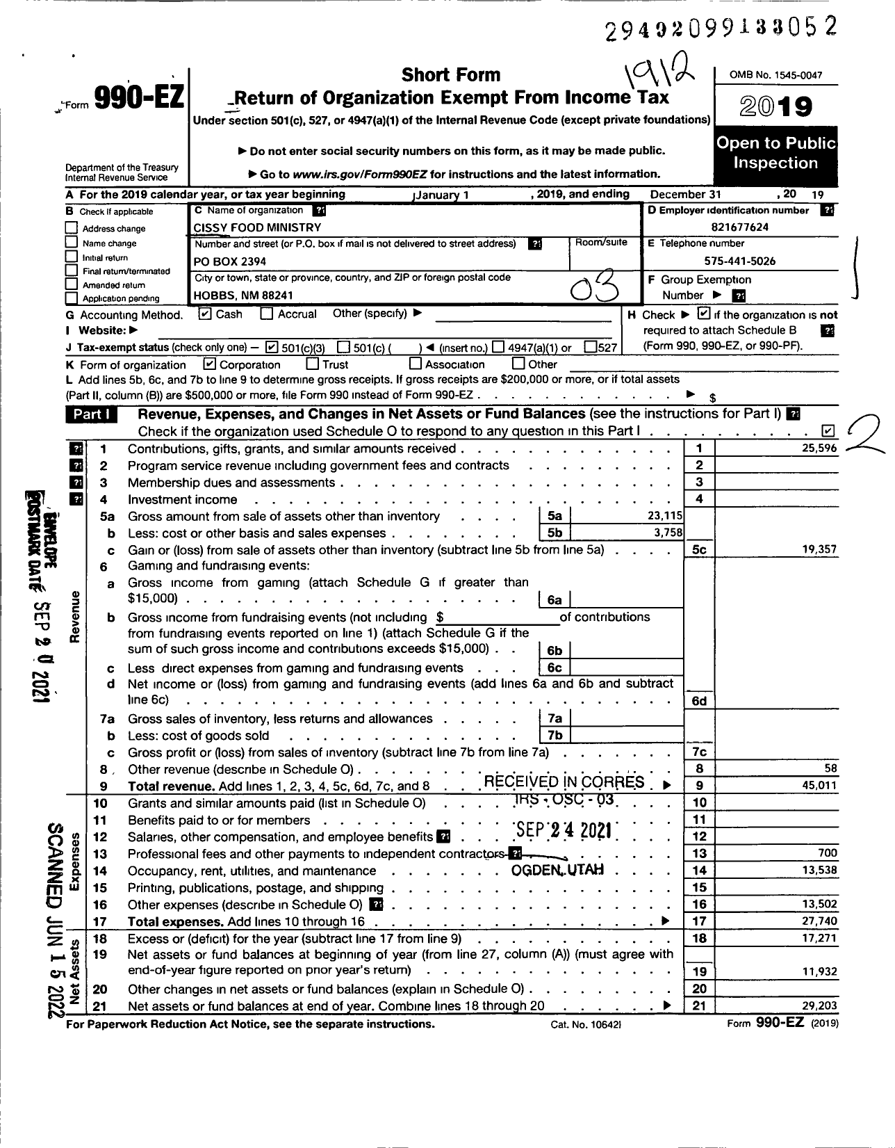 Image of first page of 2019 Form 990EZ for Cissy Food Ministry