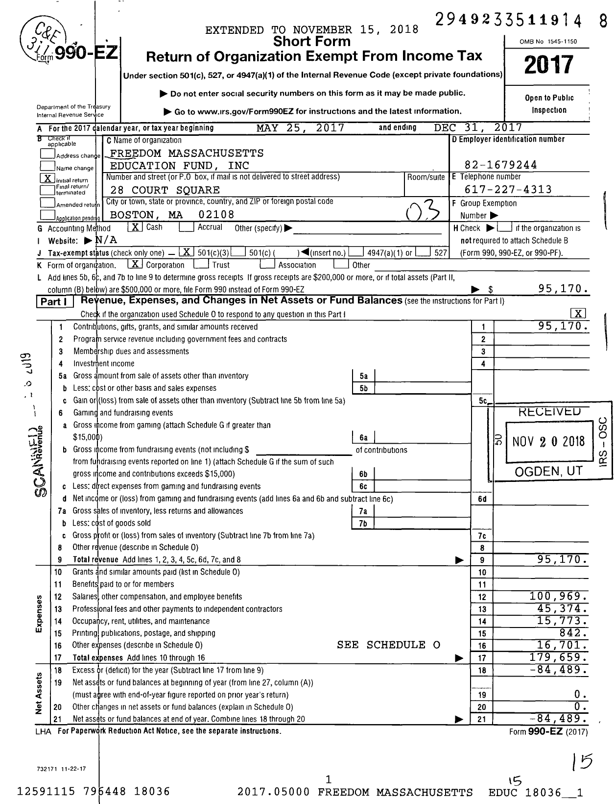 Image of first page of 2017 Form 990EZ for Freedom Massachusetts Education Fund