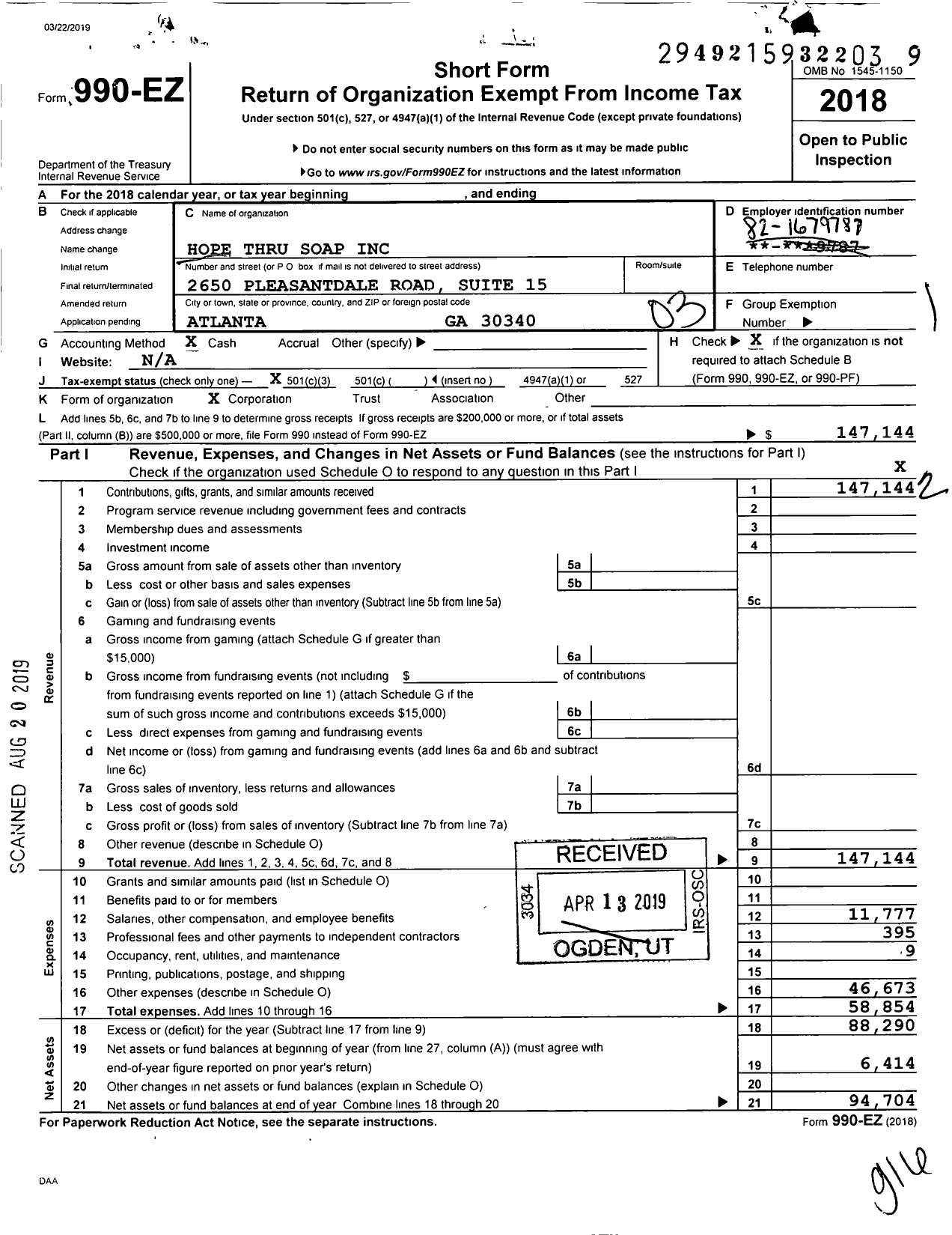 Image of first page of 2018 Form 990EZ for Hope Thru Soap