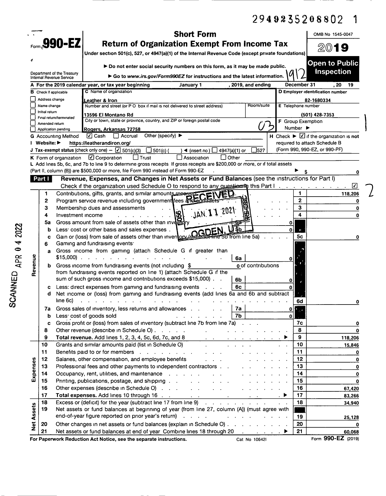 Image of first page of 2019 Form 990EZ for Leather and Iron