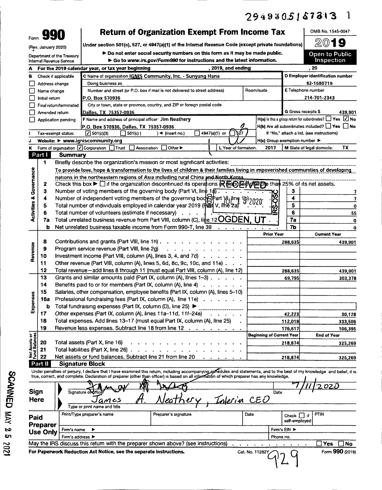 Image of first page of 2019 Form 990 for Ignis Community - Sunyang Hana