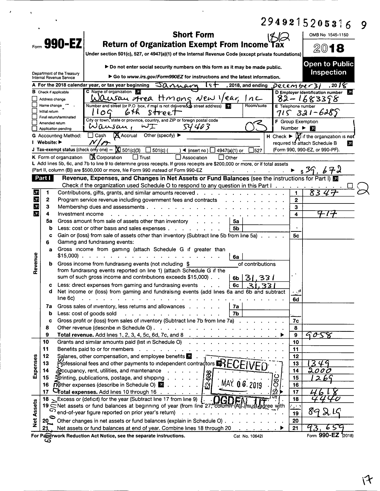 Image of first page of 2018 Form 990EZ for Wausau Hmong New Year