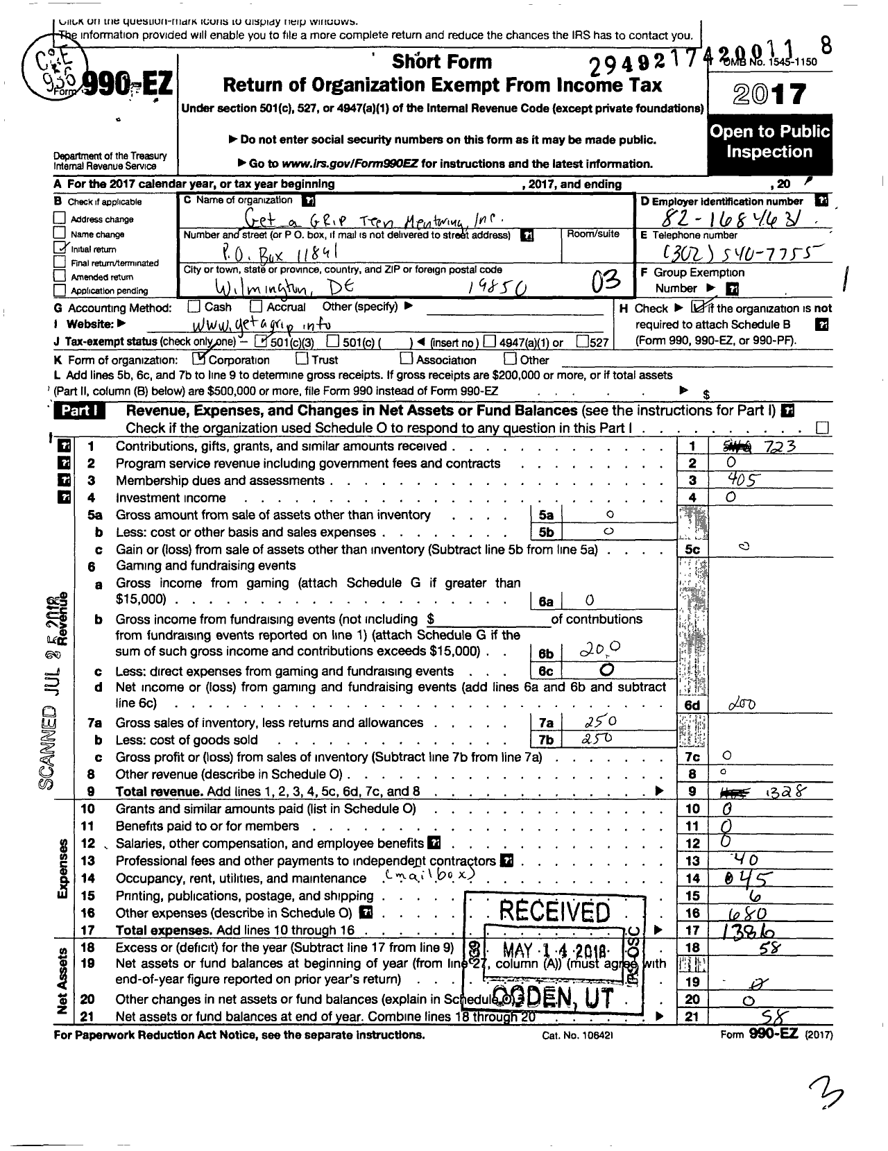 Image of first page of 2017 Form 990EZ for Get A Grip Teen Mentoring