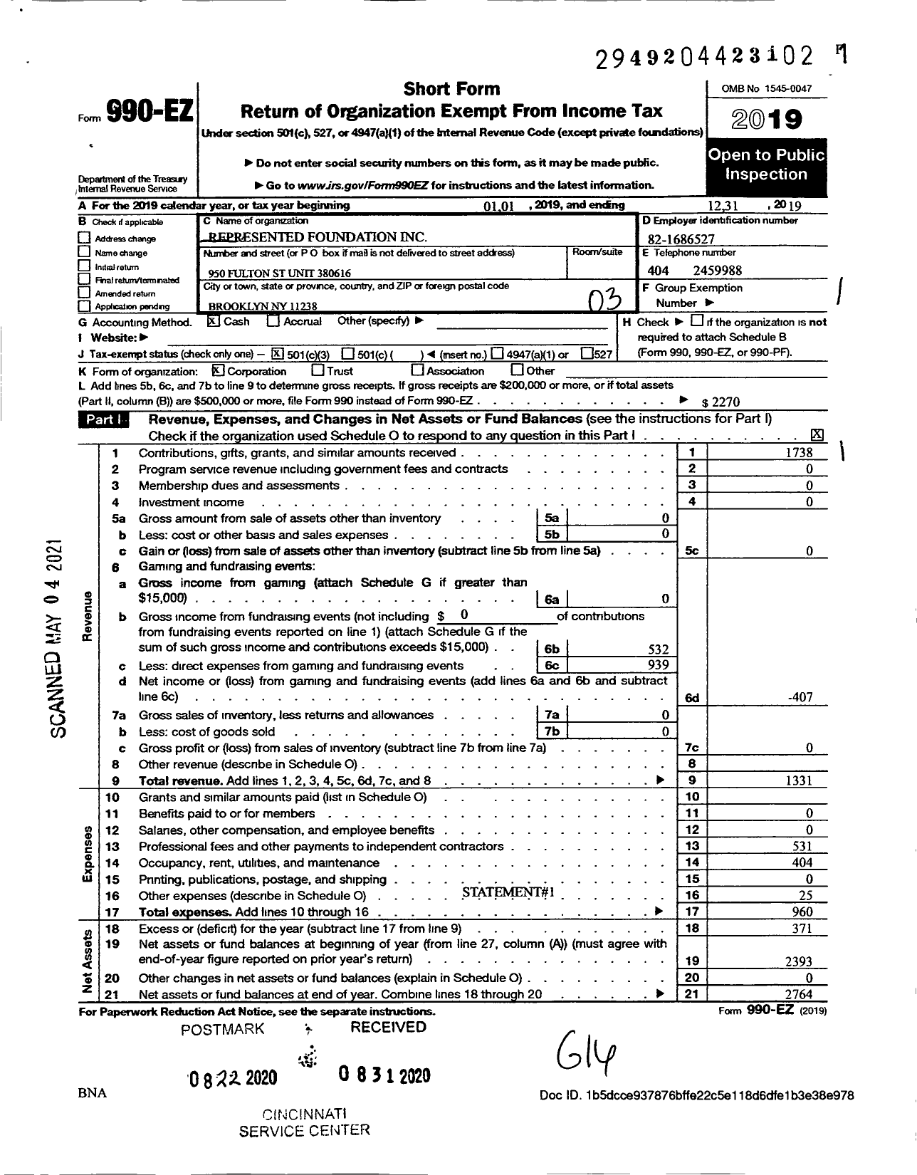 Image of first page of 2019 Form 990EZ for Represented Foundation