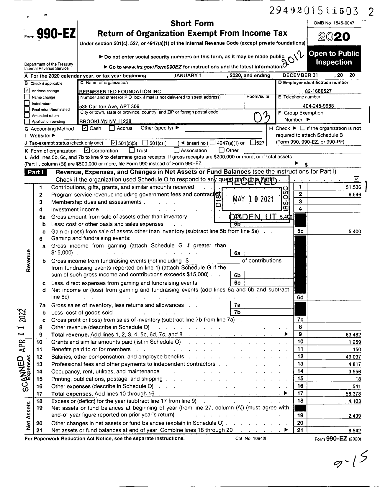 Image of first page of 2020 Form 990EZ for Represented Foundation
