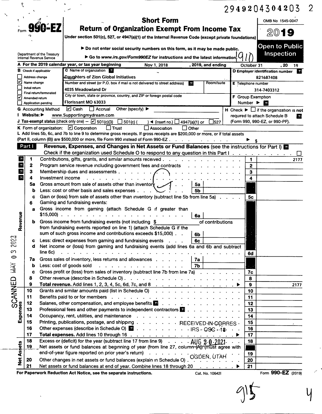 Image of first page of 2018 Form 990EZ for Daughters of Zion Global Initiative s