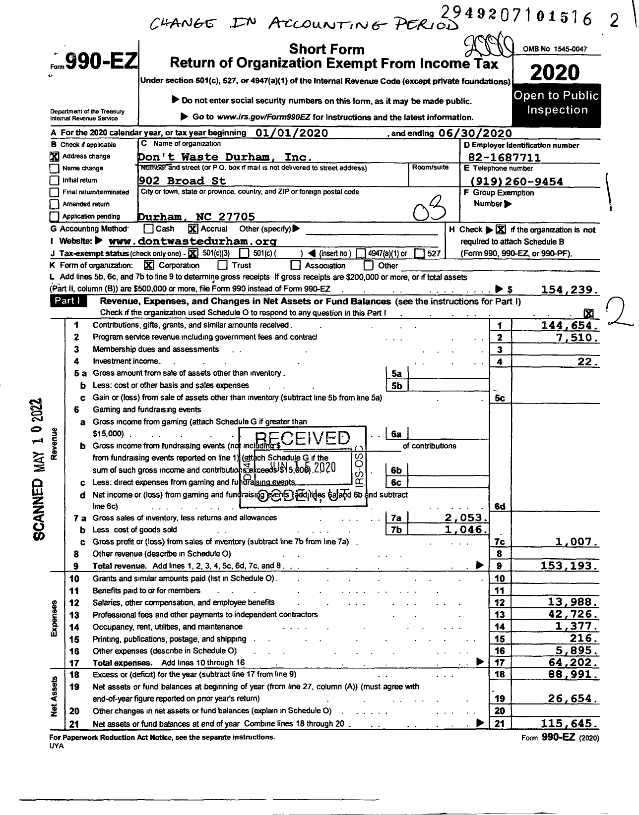 Image of first page of 2019 Form 990EZ for Don't Waste Durham