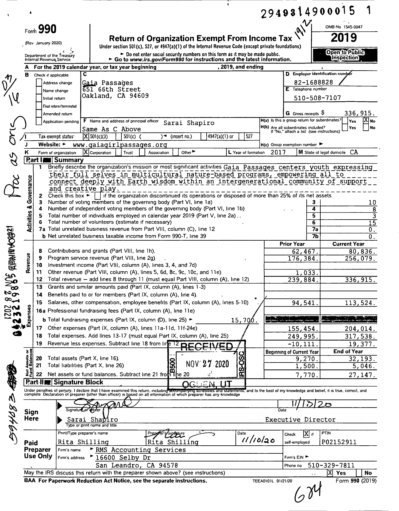 Image of first page of 2019 Form 990 for Gaia Passages