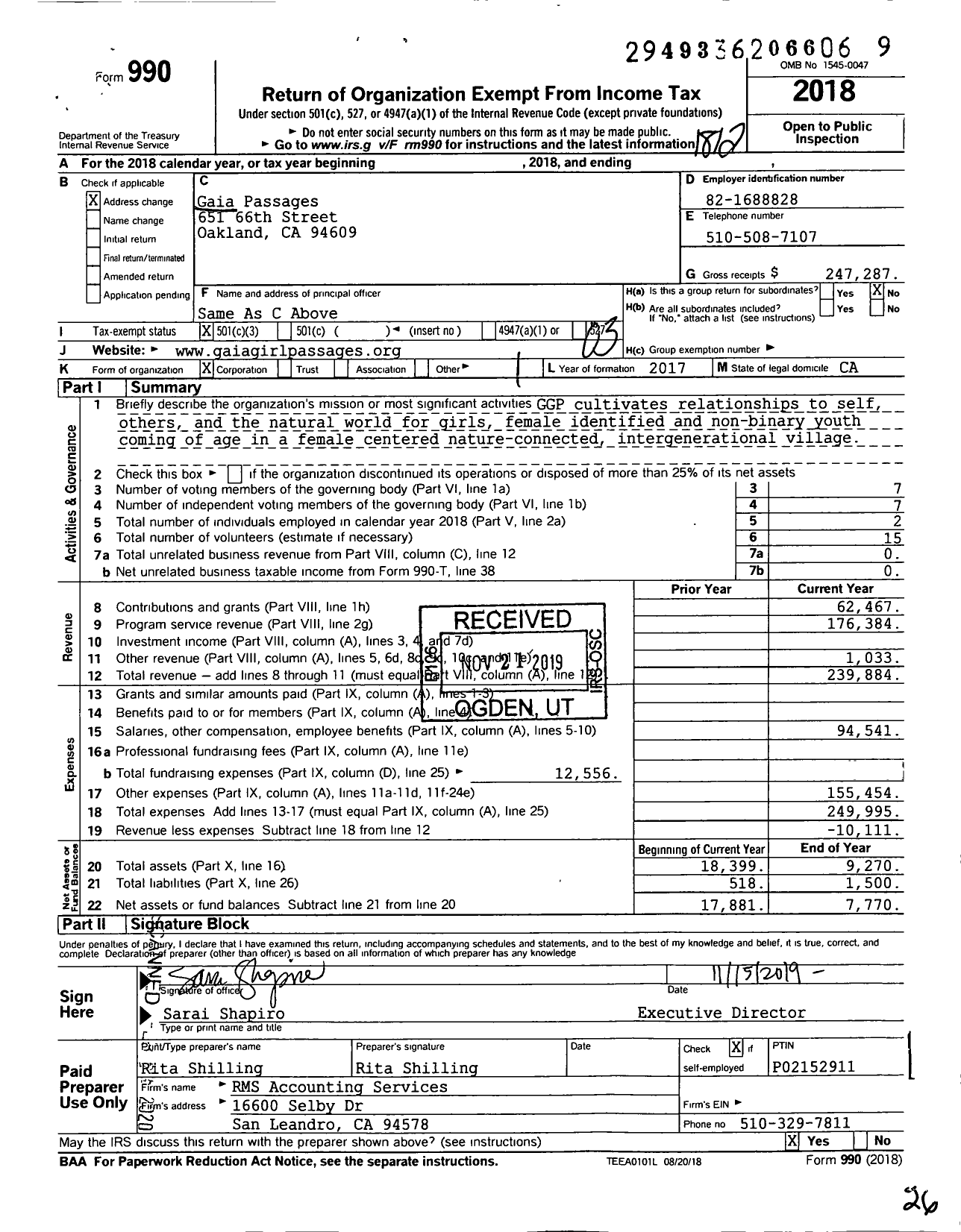 Image of first page of 2018 Form 990 for Gaia Passages