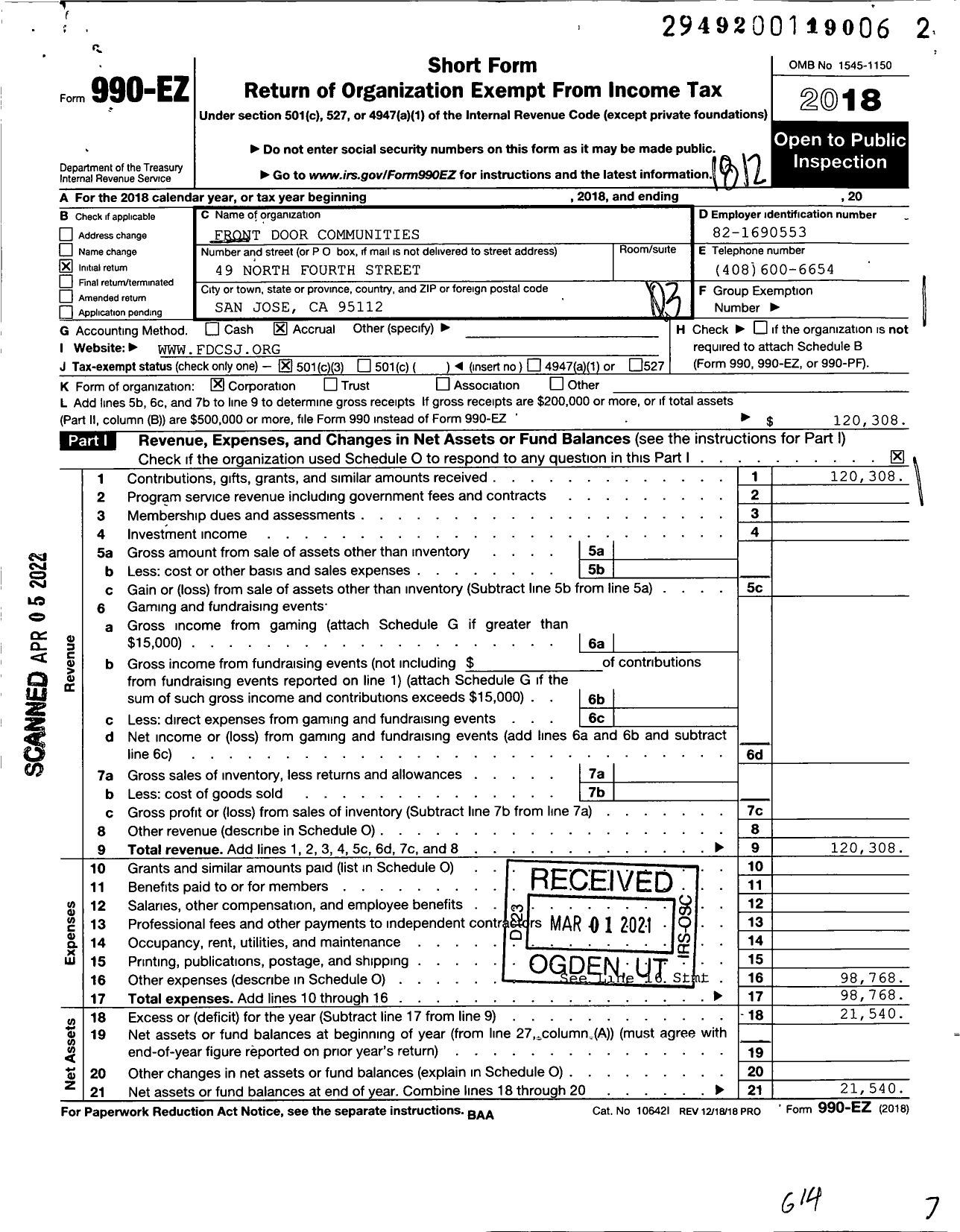 Image of first page of 2018 Form 990EZ for Front Door Communities