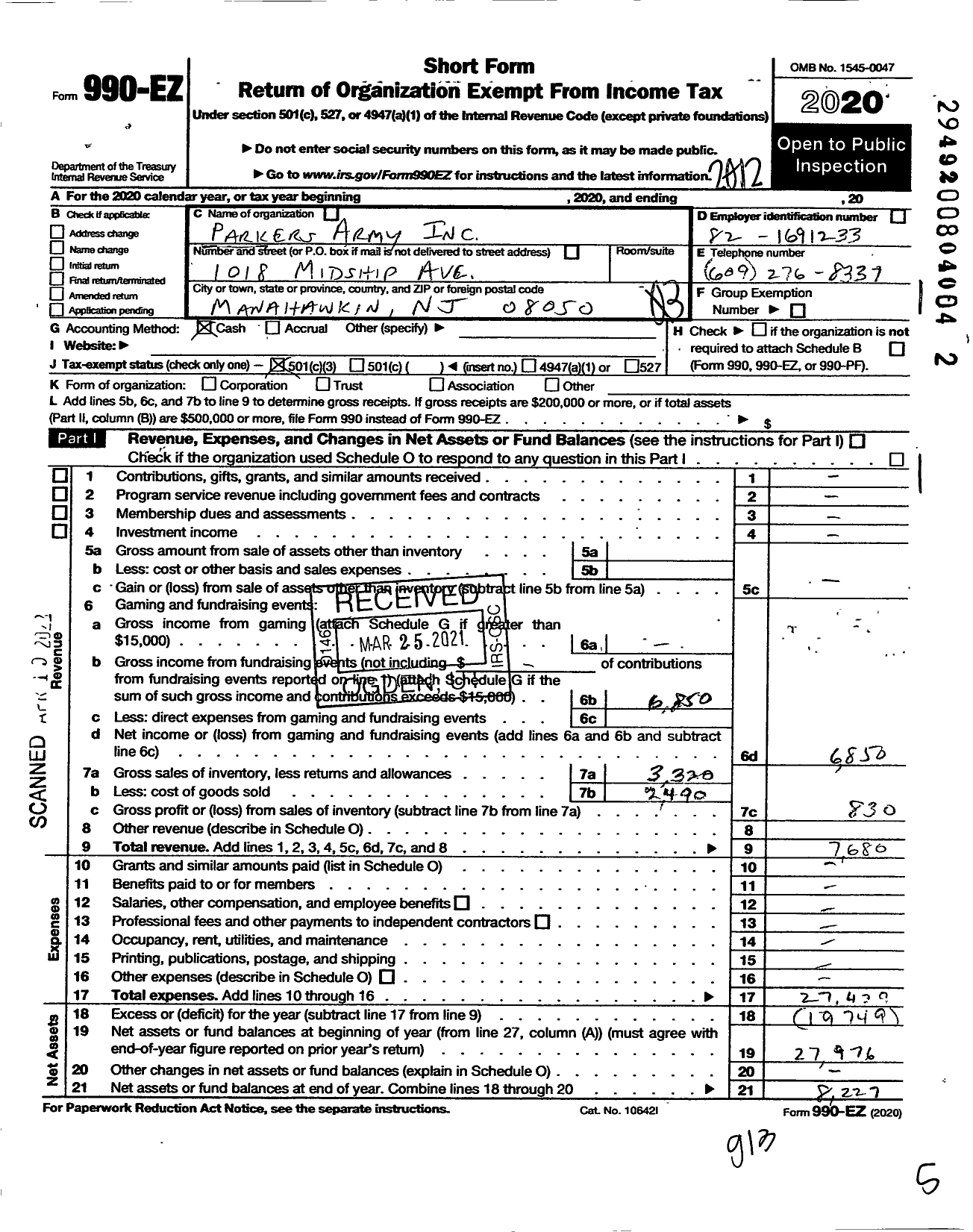 Image of first page of 2020 Form 990EZ for Parkers Army