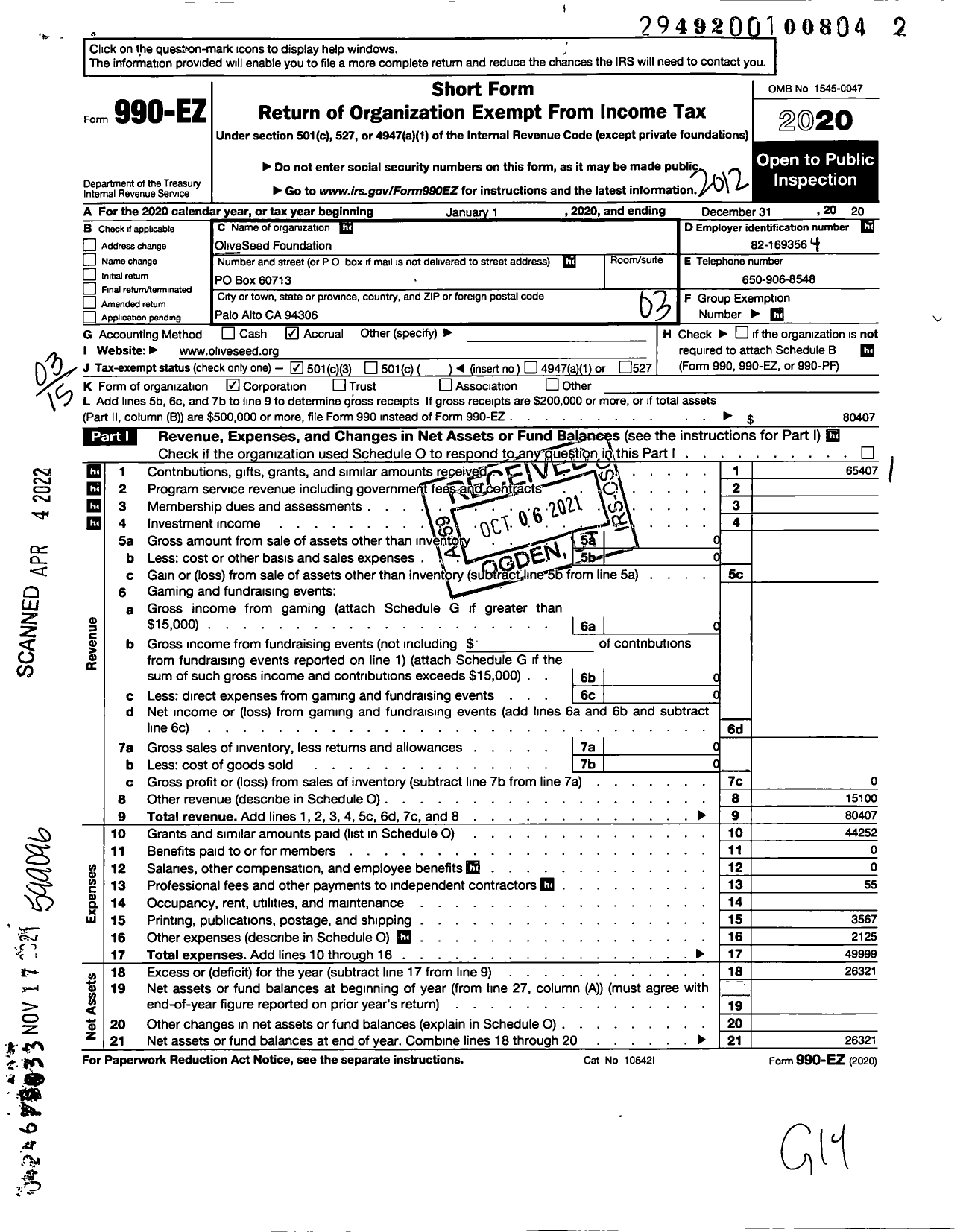 Image of first page of 2020 Form 990EZ for Oliveseed Foundation