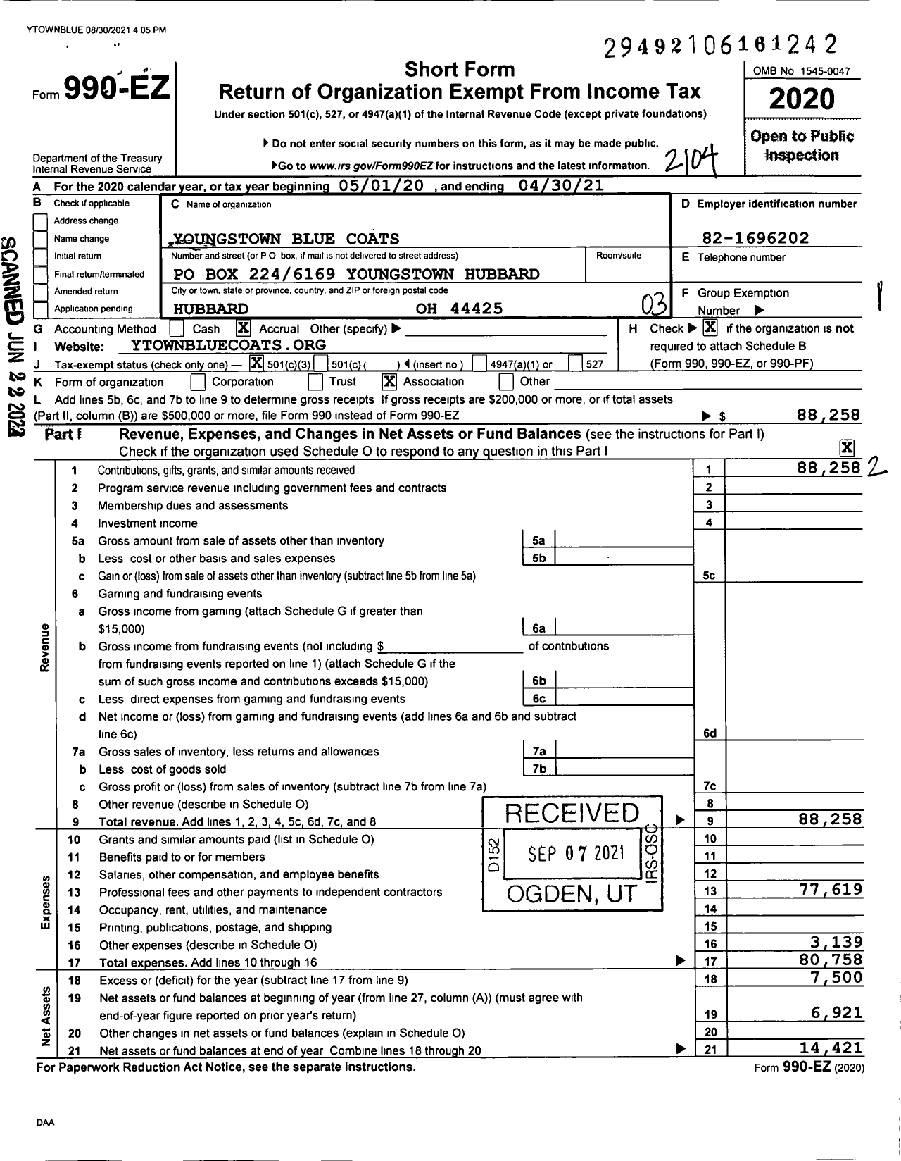 Image of first page of 2020 Form 990EZ for Youngstown Blue Coats