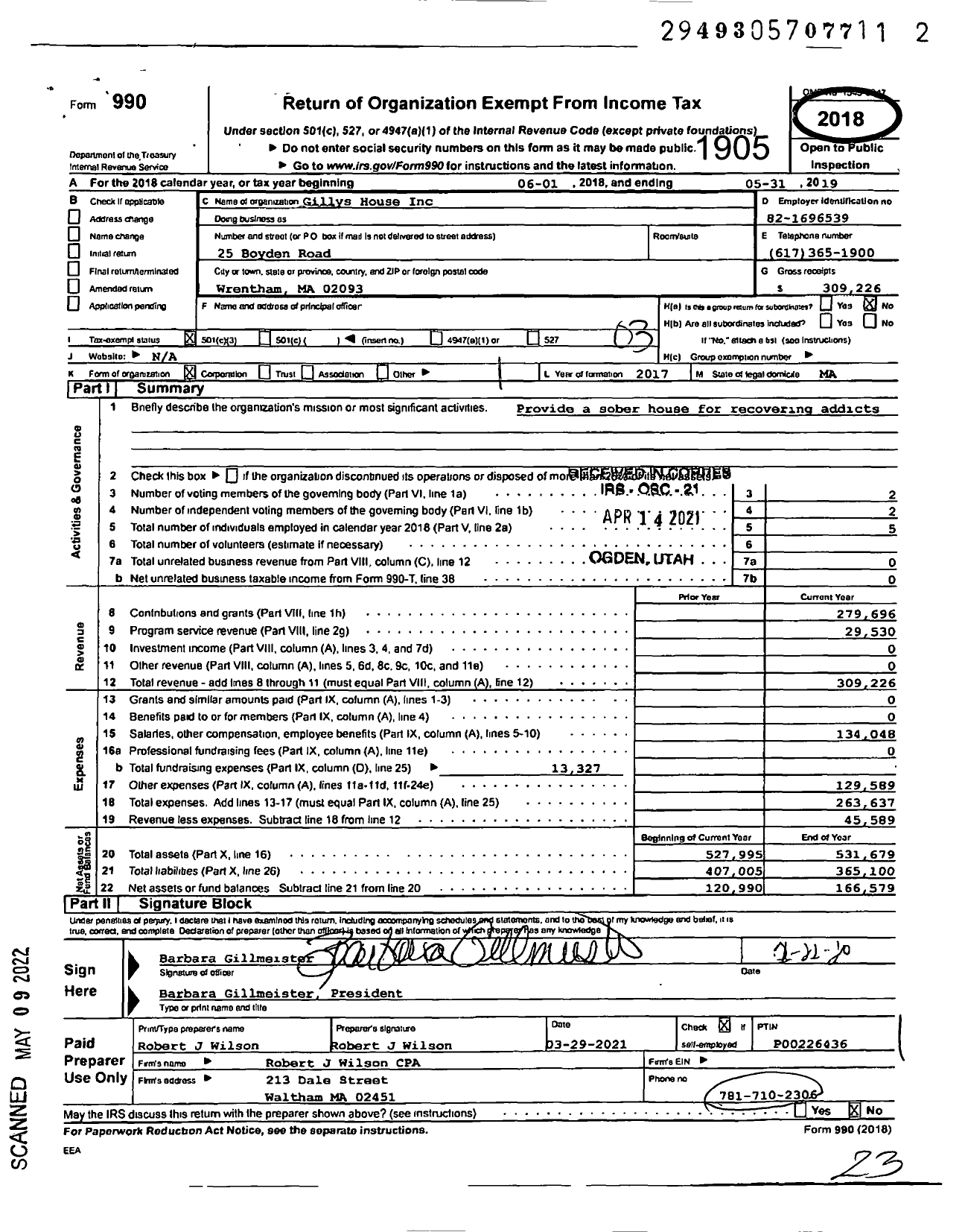 Image of first page of 2018 Form 990 for Gillys House