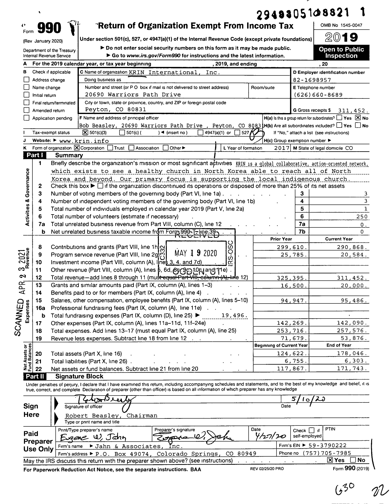 Image of first page of 2019 Form 990 for KRIN International