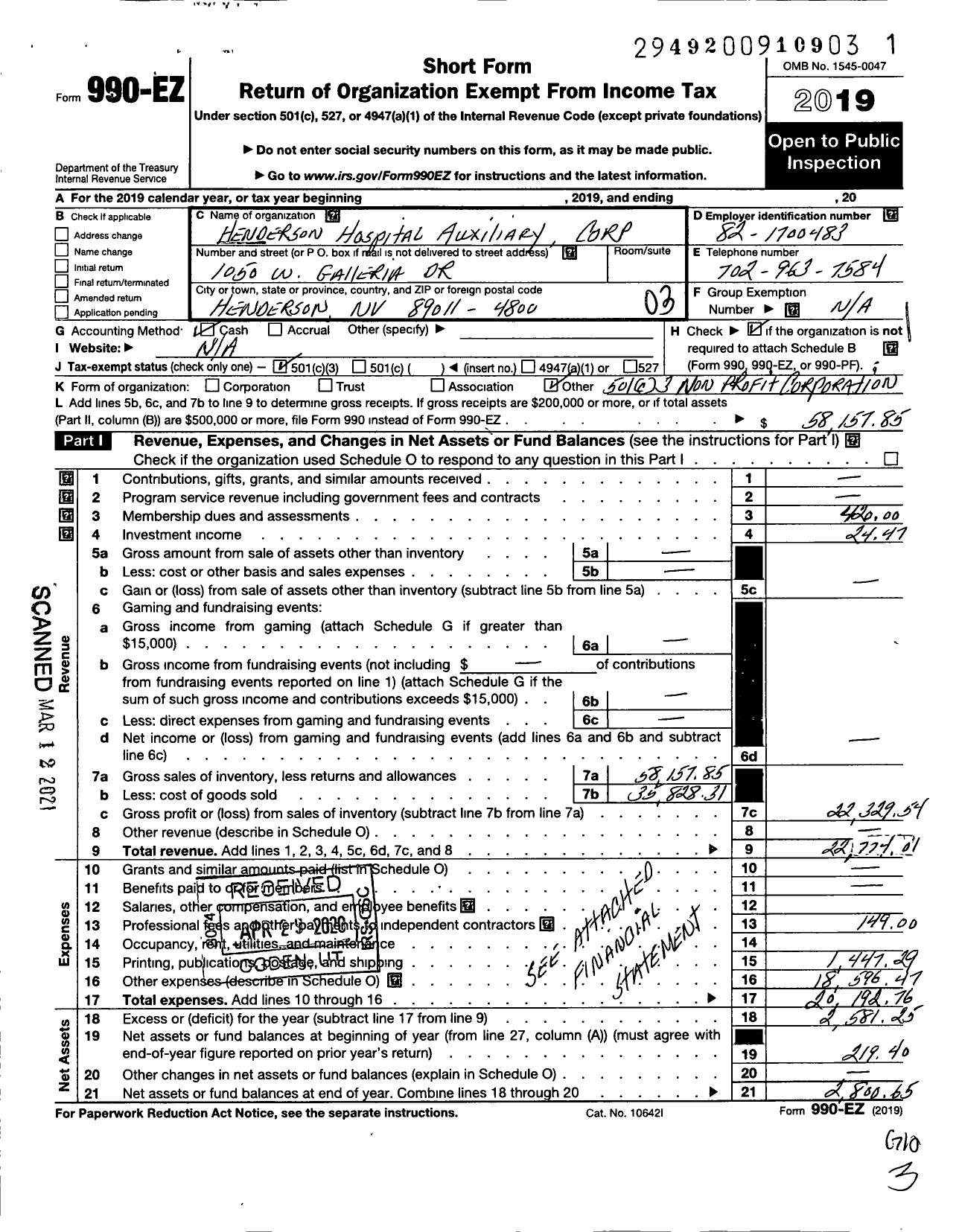 Image of first page of 2019 Form 990EZ for Henderson Hospital Auxiliary Corporation