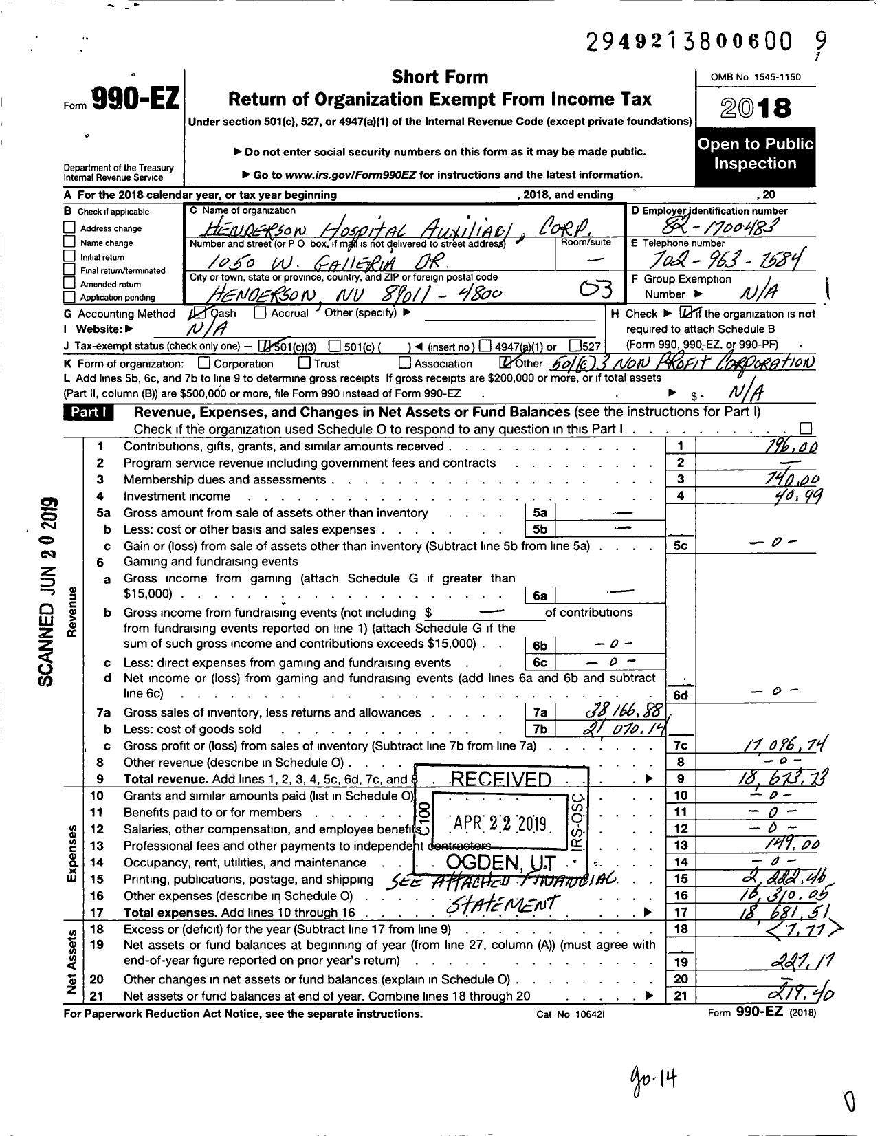 Image of first page of 2018 Form 990EZ for Henderson Hospital Auxiliary Corporation