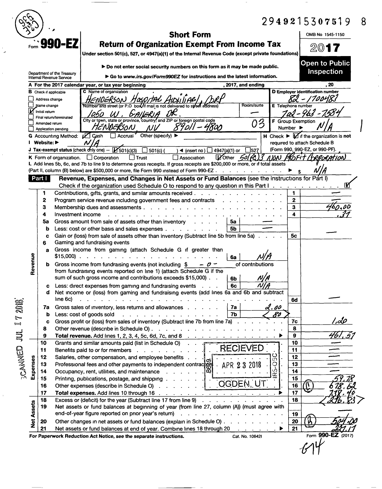 Image of first page of 2017 Form 990EZ for Henderson Hospital Auxiliary Corporation