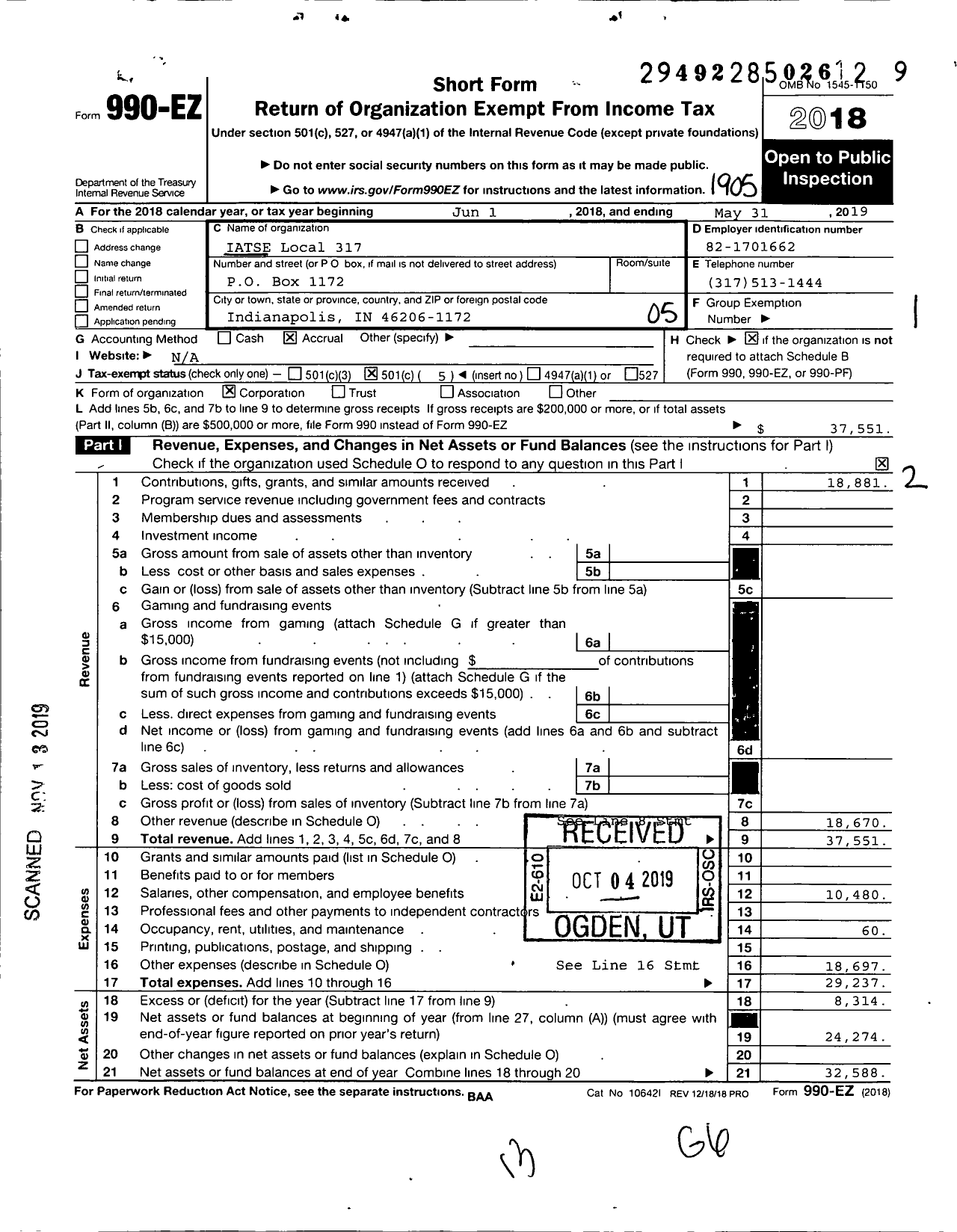 Image of first page of 2018 Form 990EO for International Alliance of Theatrical Stage Employees - 317