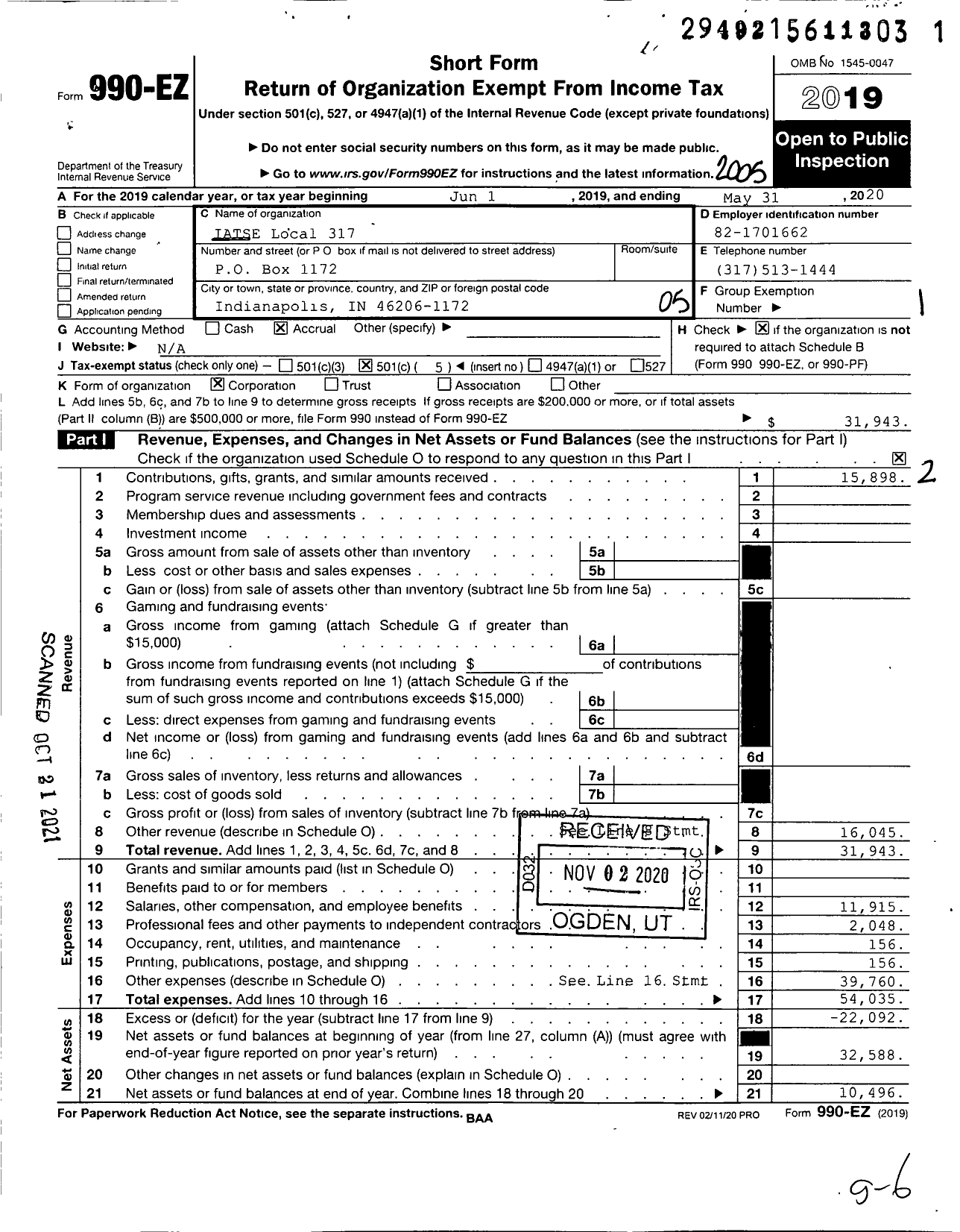 Image of first page of 2019 Form 990EO for International Alliance of Theatrical Stage Employees - 317