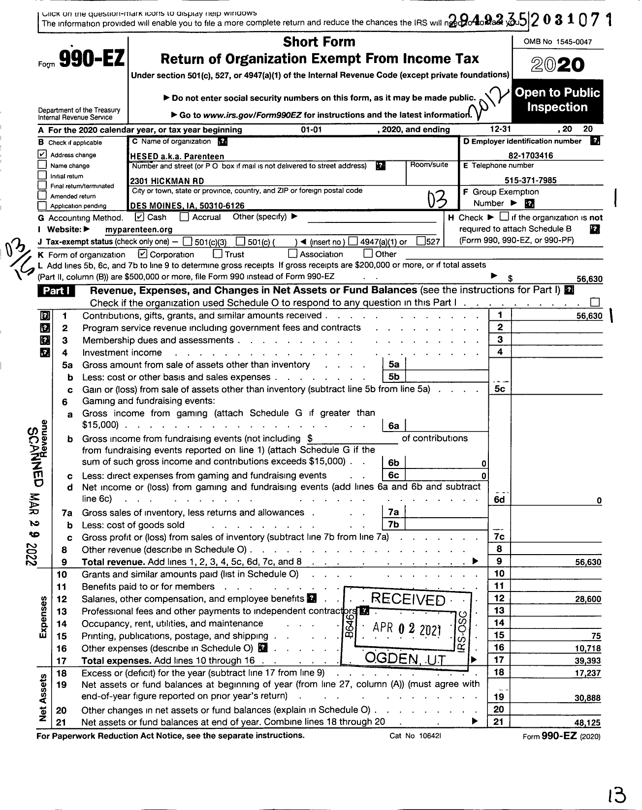 Image of first page of 2020 Form 990EZ for Hesed / Parenteen