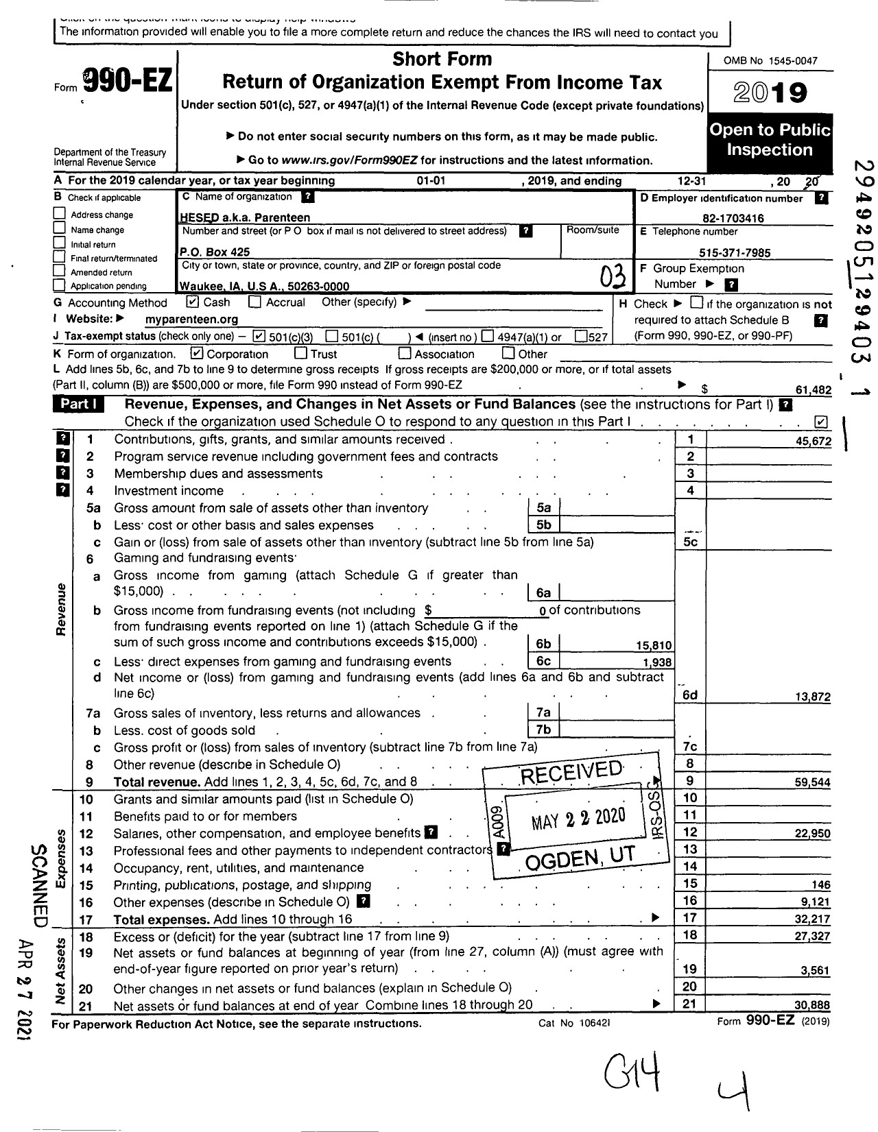 Image of first page of 2019 Form 990EZ for Hesed / Parenteen