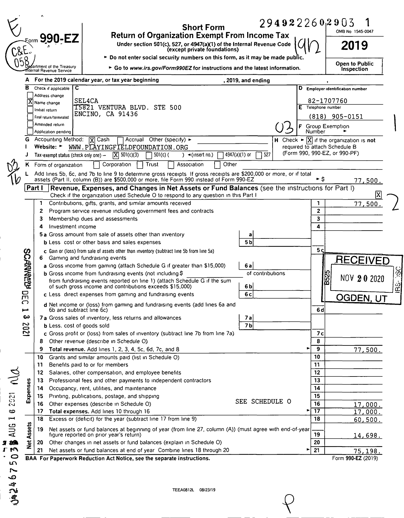 Image of first page of 2019 Form 990EZ for Sel4ca