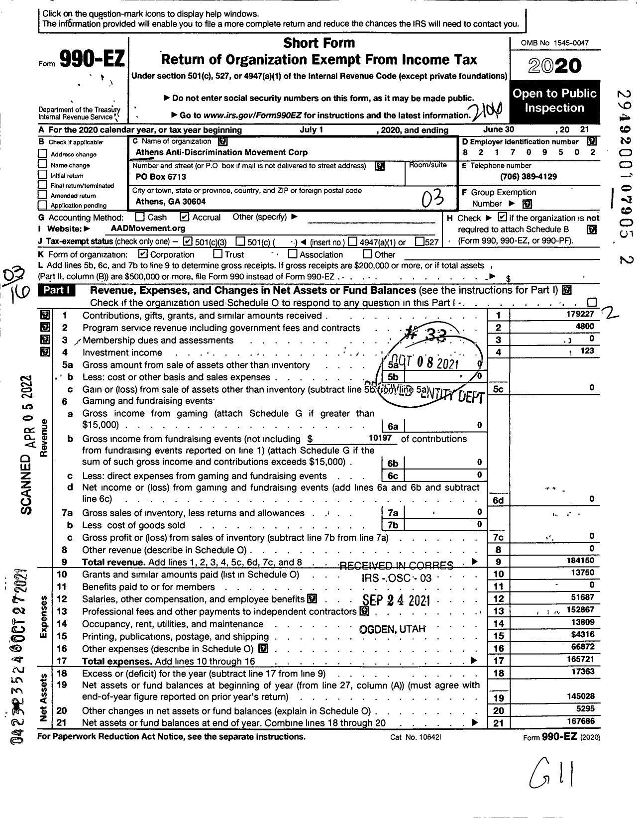 Image of first page of 2020 Form 990EZ for Athens Anti-Discrimination Movement