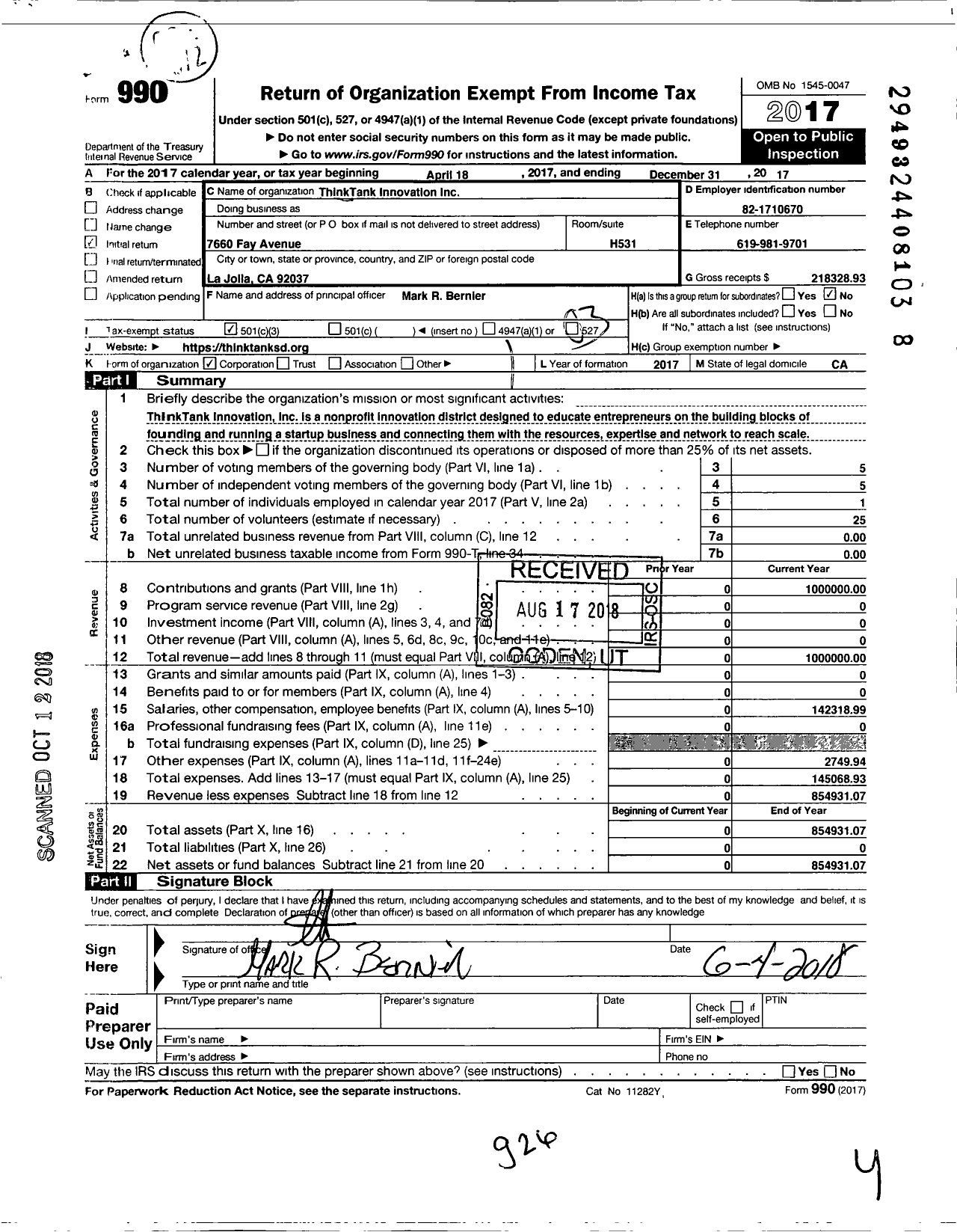 Image of first page of 2017 Form 990 for Thinktank Innovation