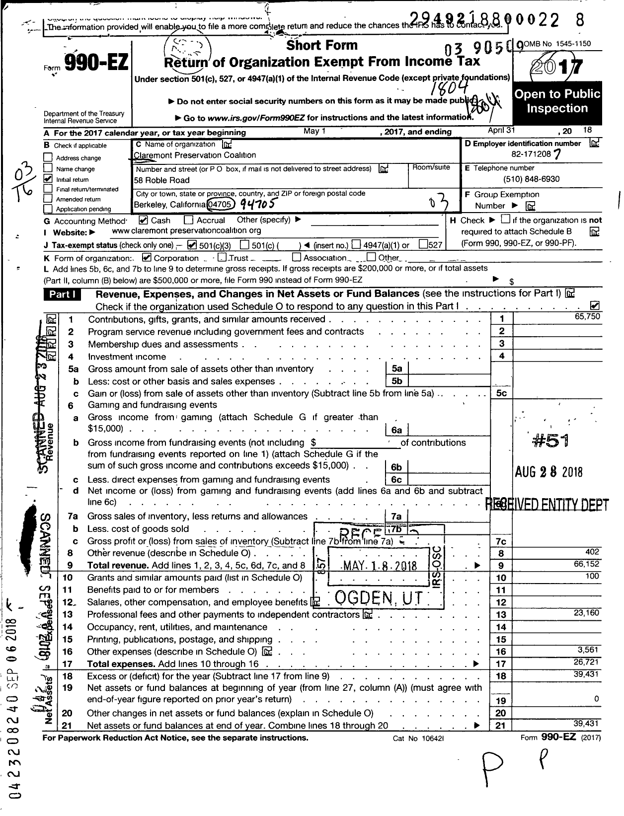 Image of first page of 2017 Form 990EZ for Claremont Preservation Coalition