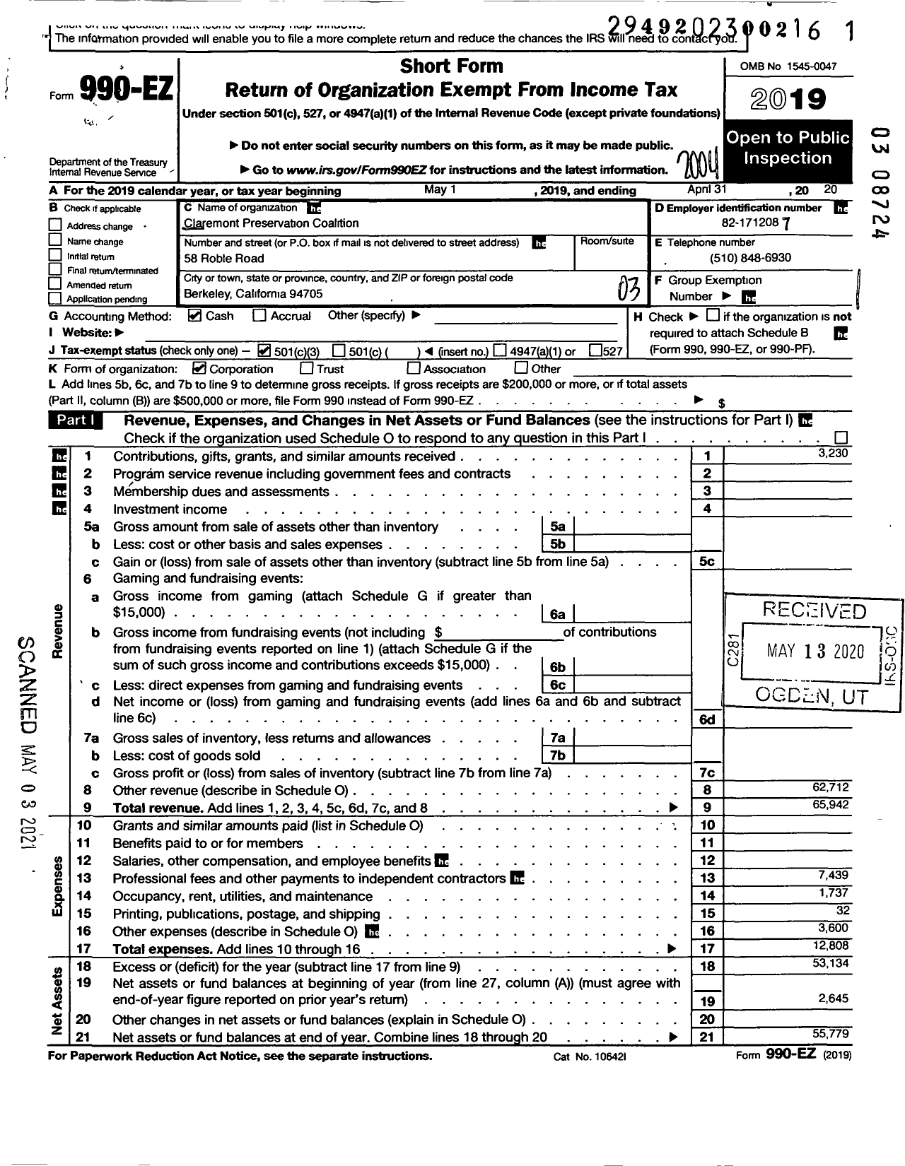 Image of first page of 2019 Form 990EZ for Claremont Preservation Coalition