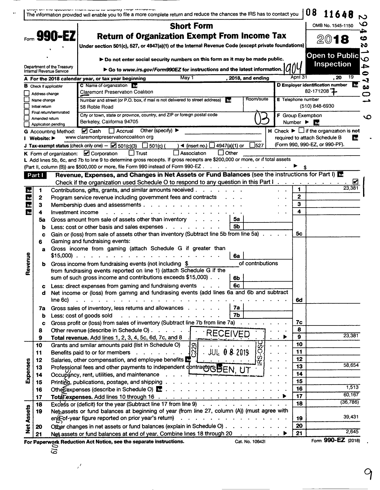 Image of first page of 2018 Form 990EZ for Claremont Preservation Coalition