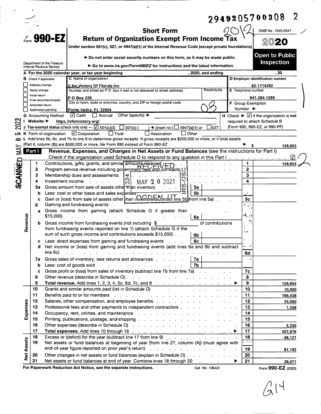 Image of first page of 2020 Form 990EZ for V for Victory Of Florida