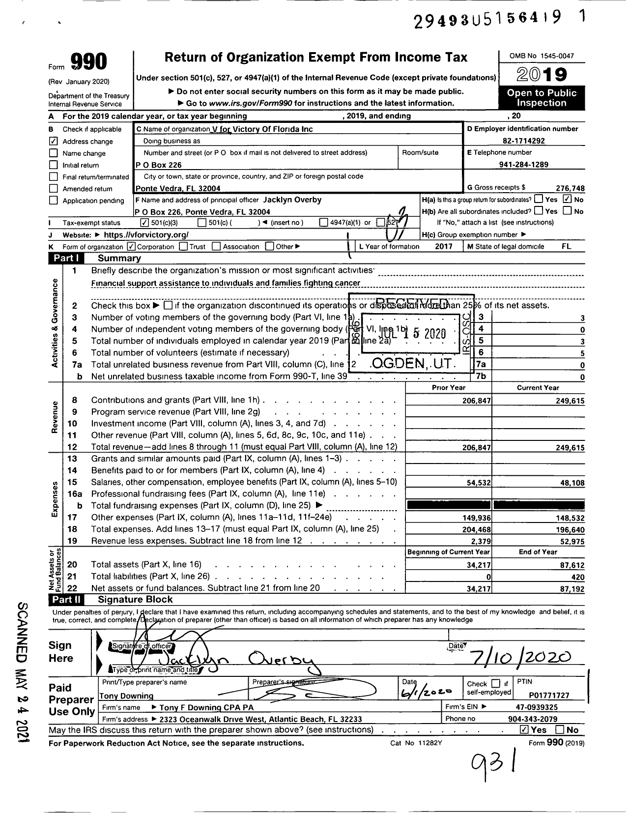 Image of first page of 2019 Form 990 for V for Victory Of Florida