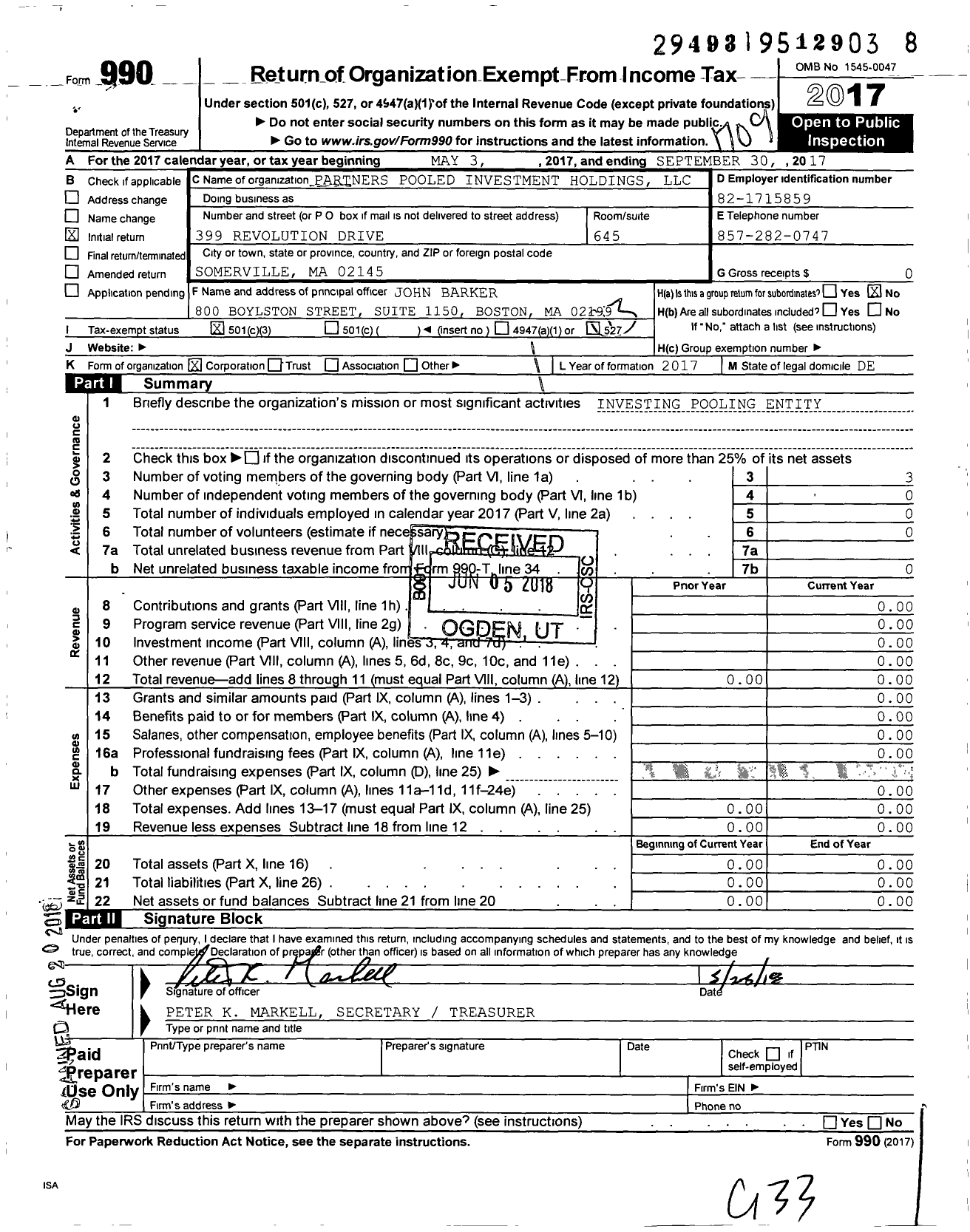 Image of first page of 2016 Form 990 for MGB Pooled Holdings LLC
