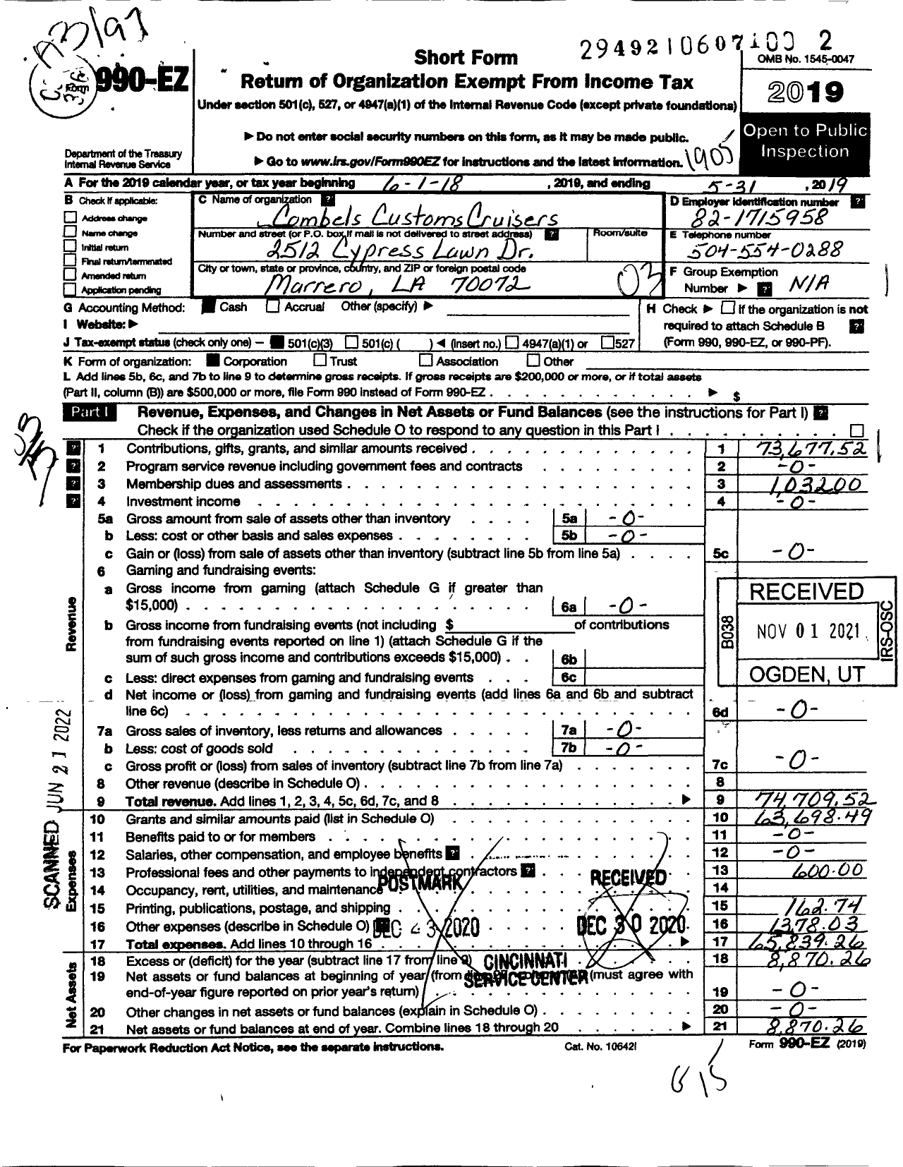 Image of first page of 2018 Form 990EZ for Combels Customs Cruisers