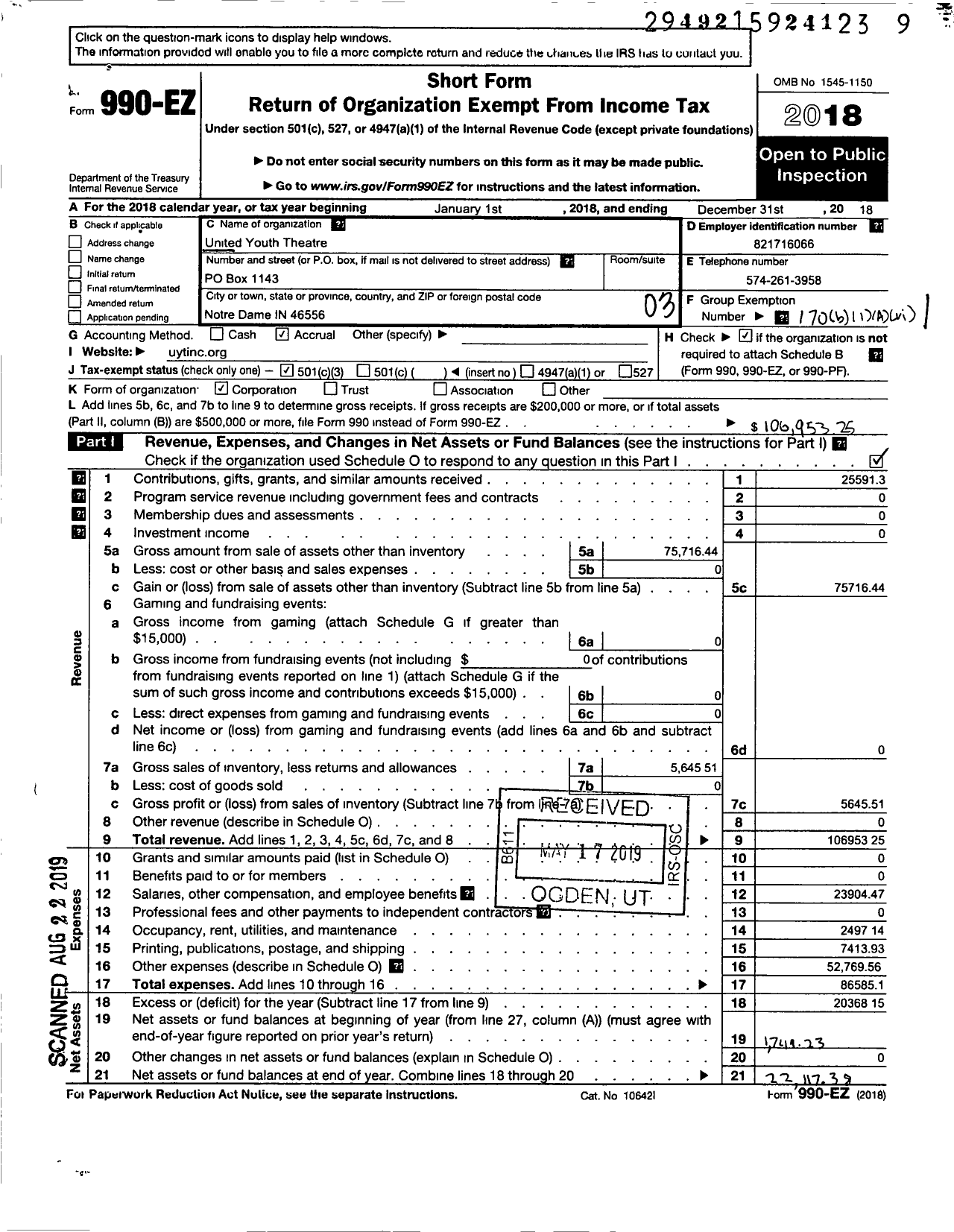 Image of first page of 2018 Form 990EZ for United Youth Theatre