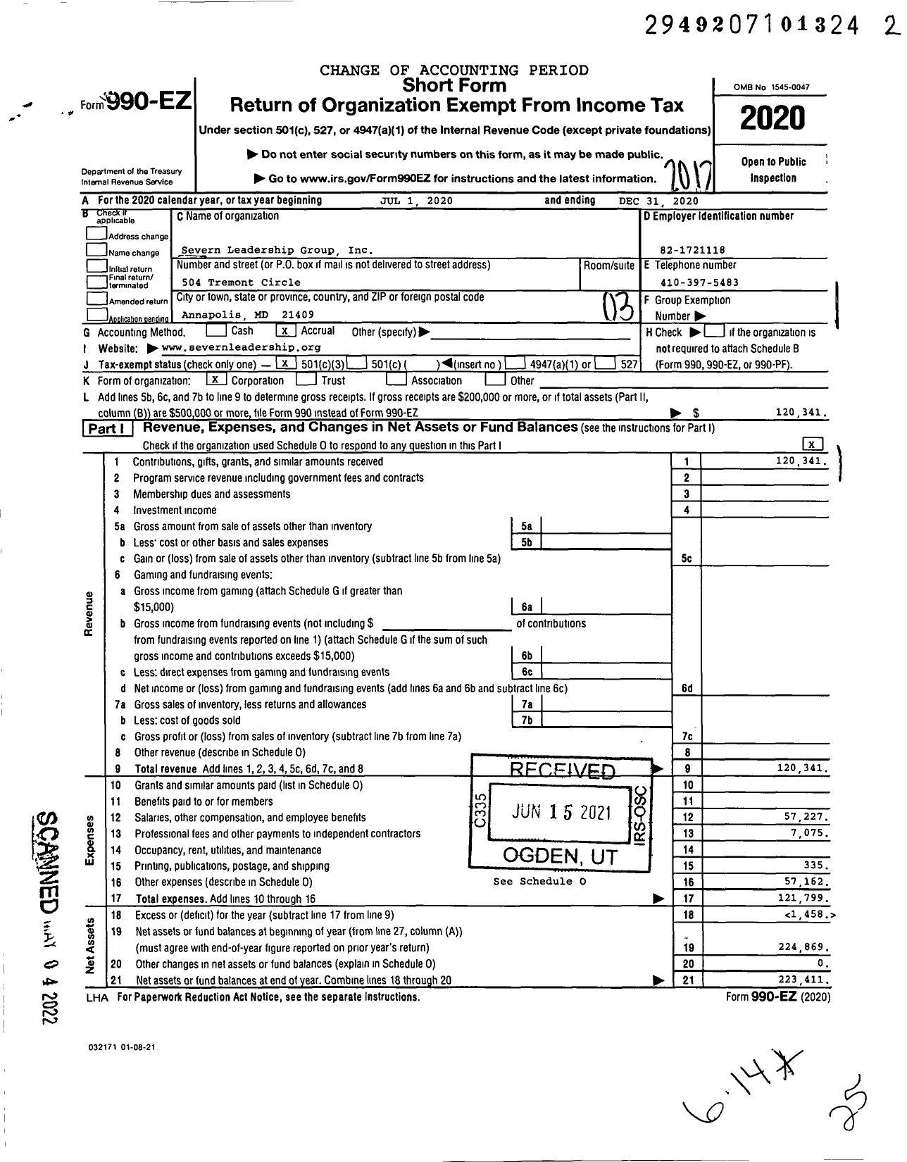 Image of first page of 2020 Form 990EZ for Severn Leadership Group