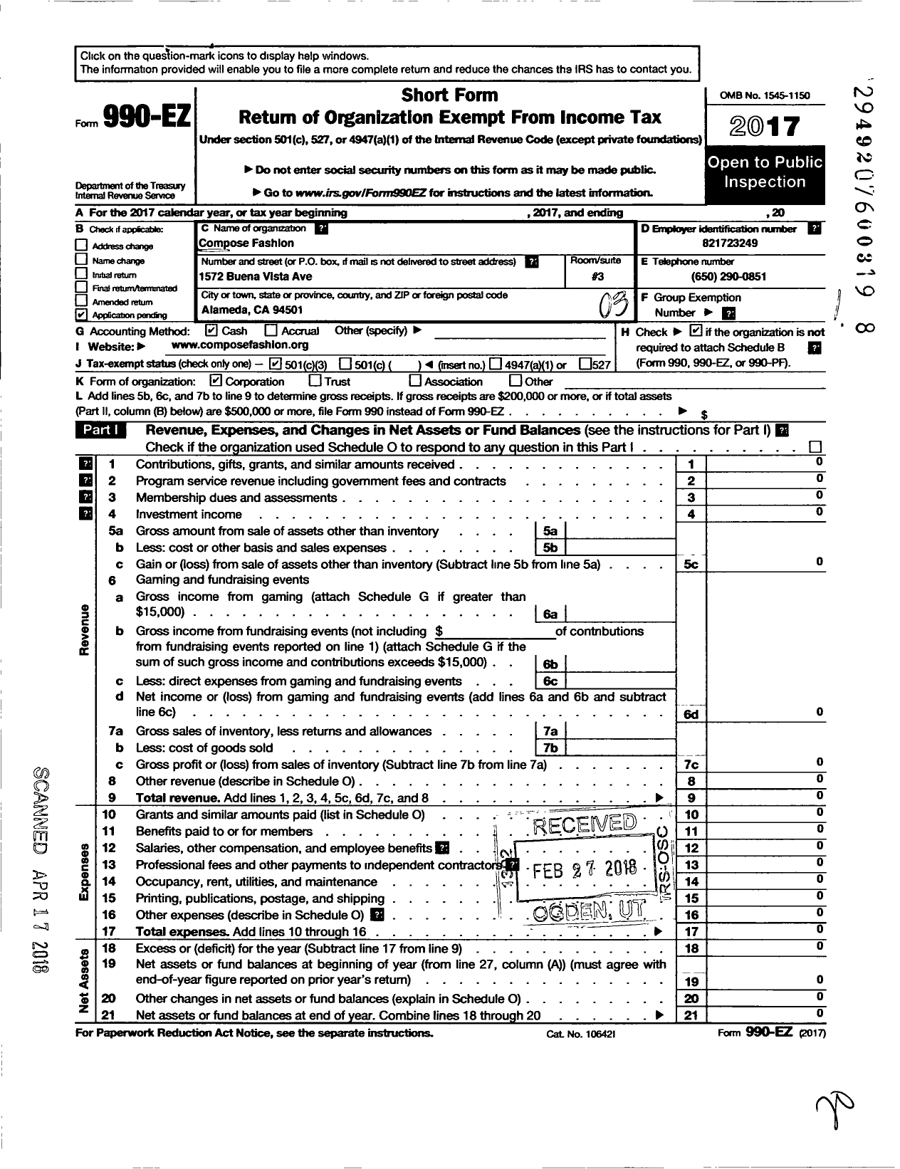 Image of first page of 2017 Form 990EZ for Compose Fashion