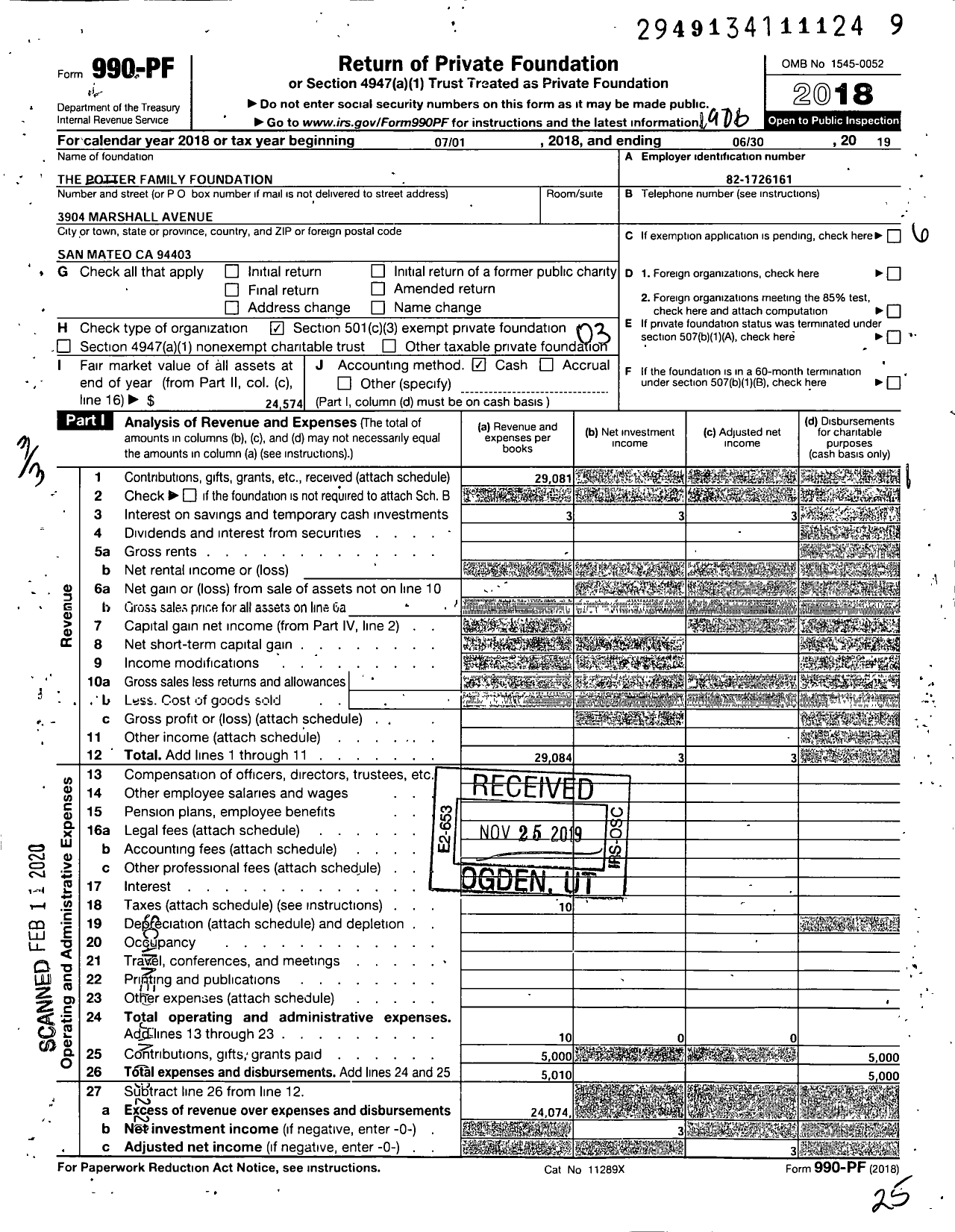 Image of first page of 2018 Form 990PF for The Potter Family Foundation