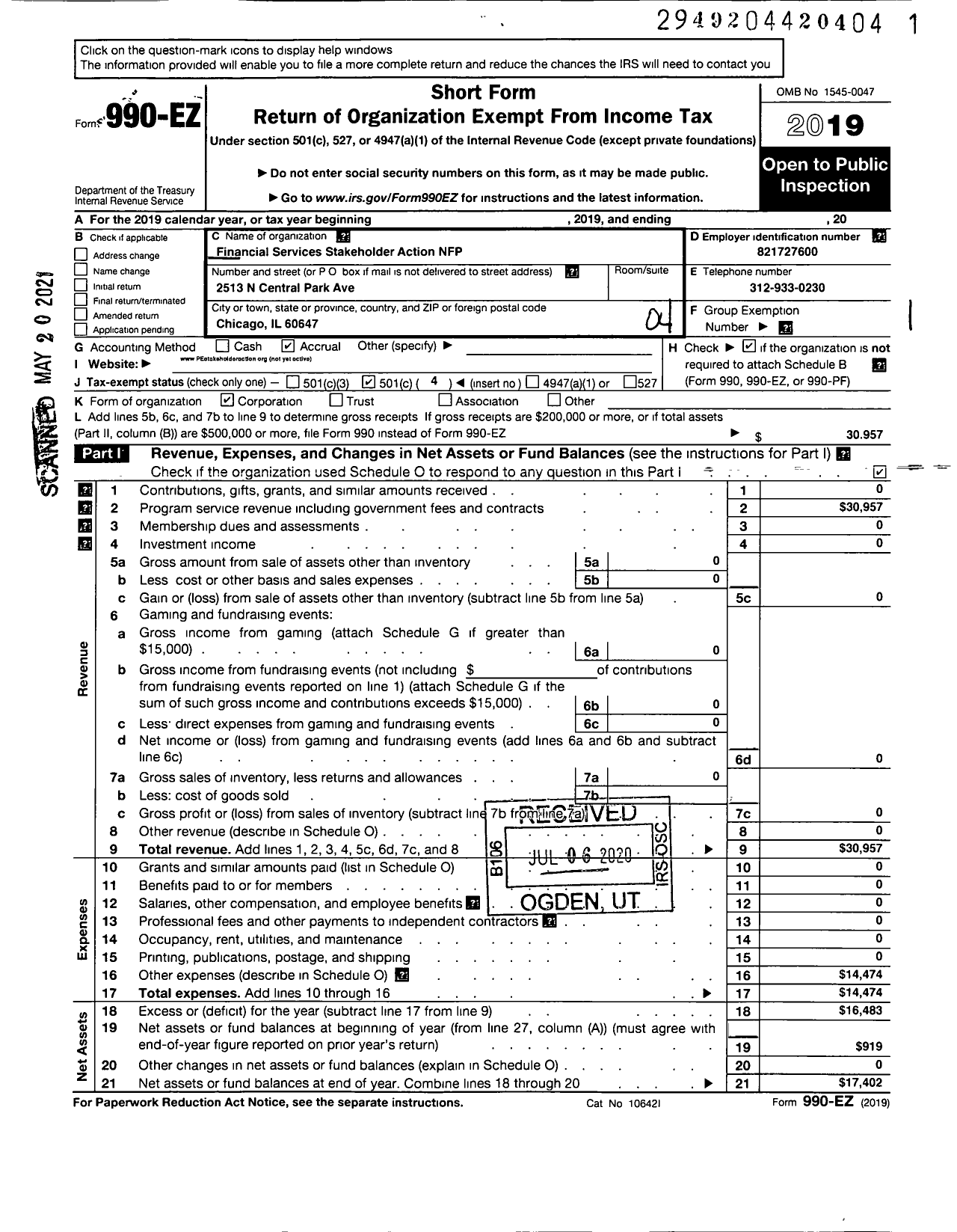 Image of first page of 2019 Form 990EO for Financial Services Stakeholder Action NFP