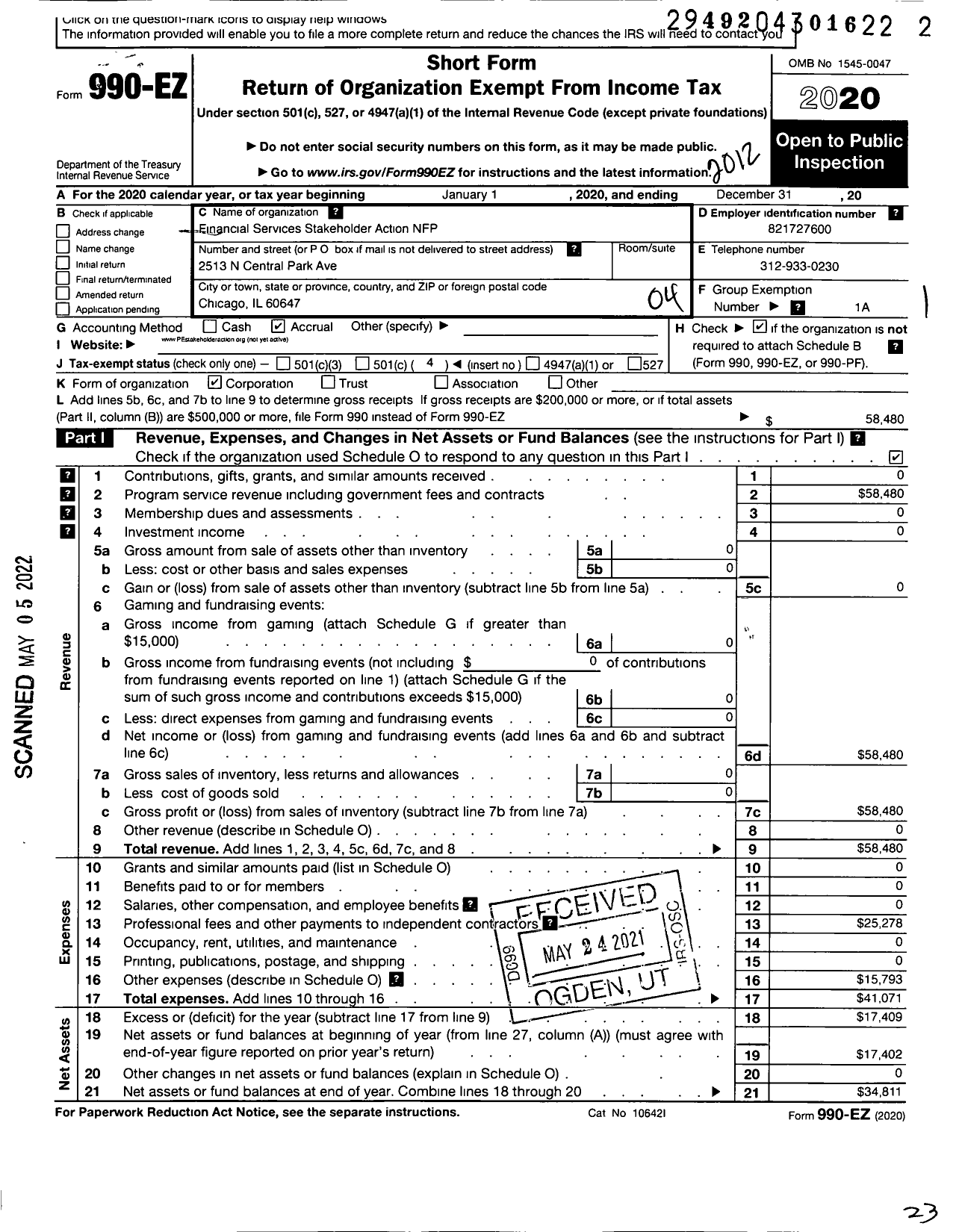 Image of first page of 2020 Form 990EO for Financial Services Stakeholder Action NFP