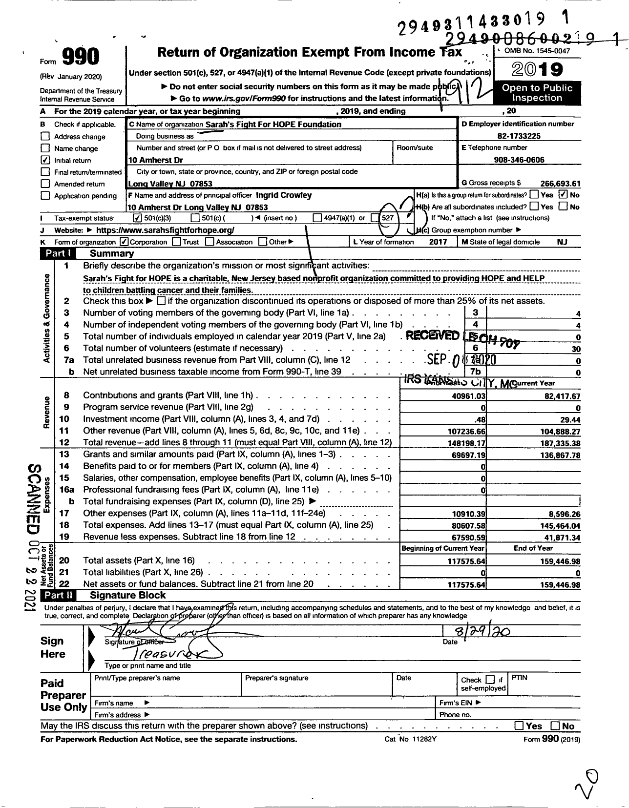 Image of first page of 2019 Form 990 for Sarahs Fight for Hope Foundation