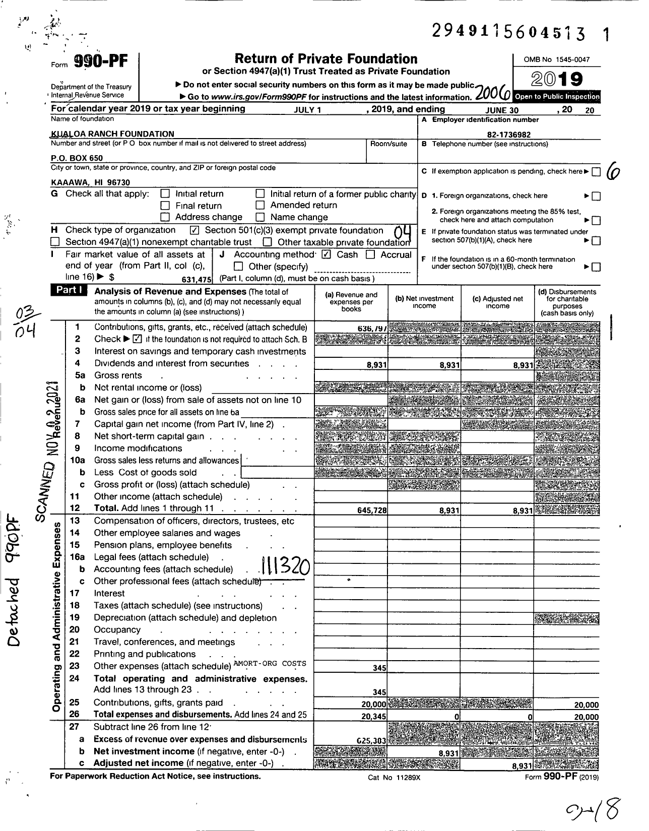 Image of first page of 2019 Form 990PF for Kualoa Ranch Foundation