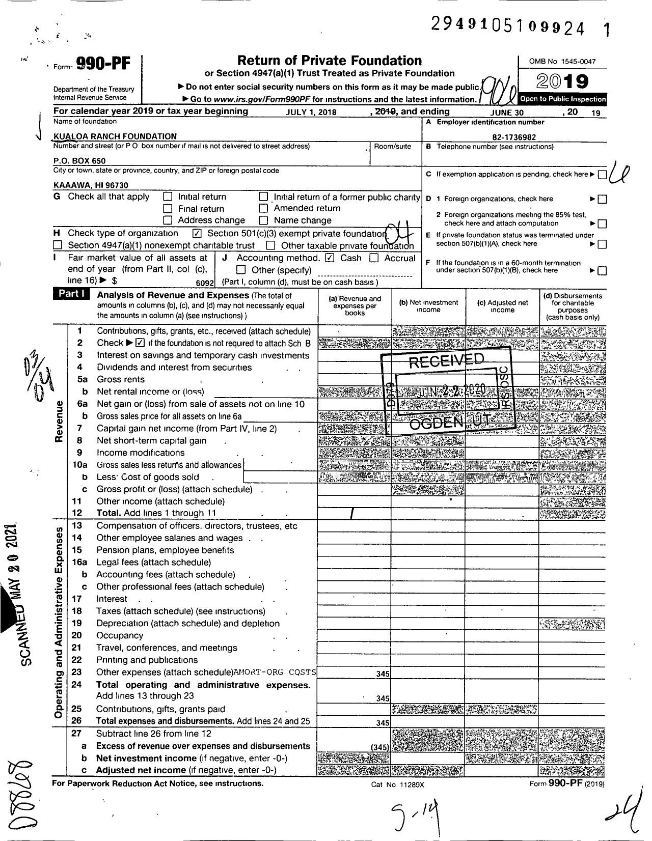 Image of first page of 2018 Form 990PF for Kualoa Ranch Foundation