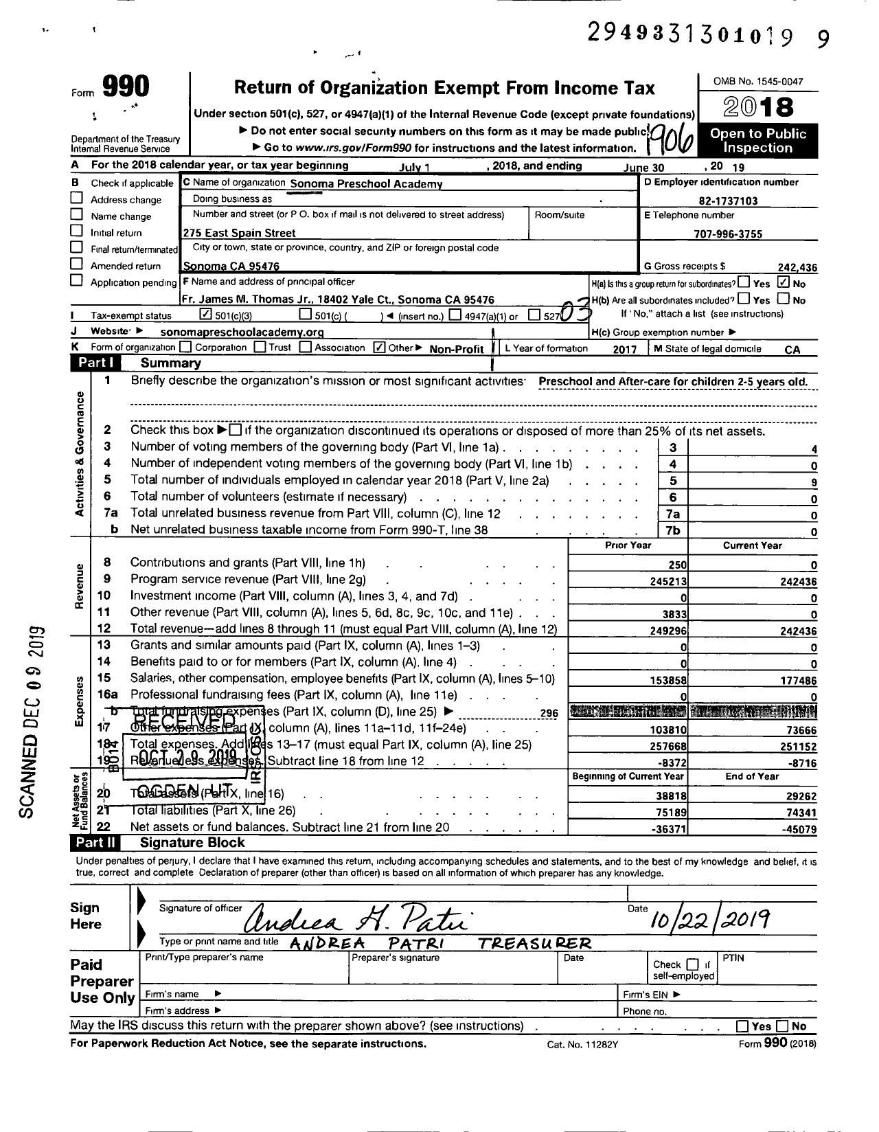 Image of first page of 2018 Form 990 for Sonoma Preschool Academy