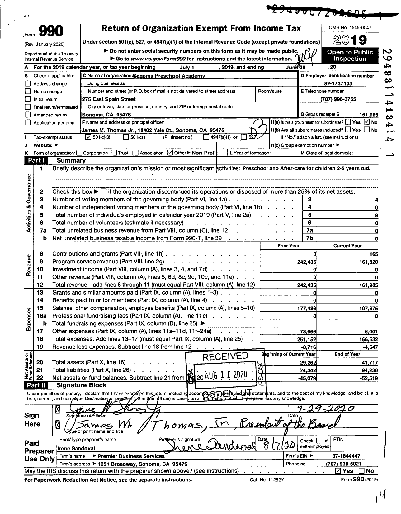 Image of first page of 2019 Form 990 for Sonoma Preschool Academy