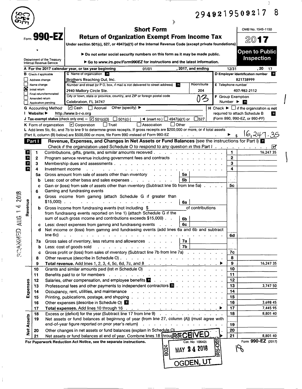 Image of first page of 2017 Form 990EZ for Brothers Reaching Out